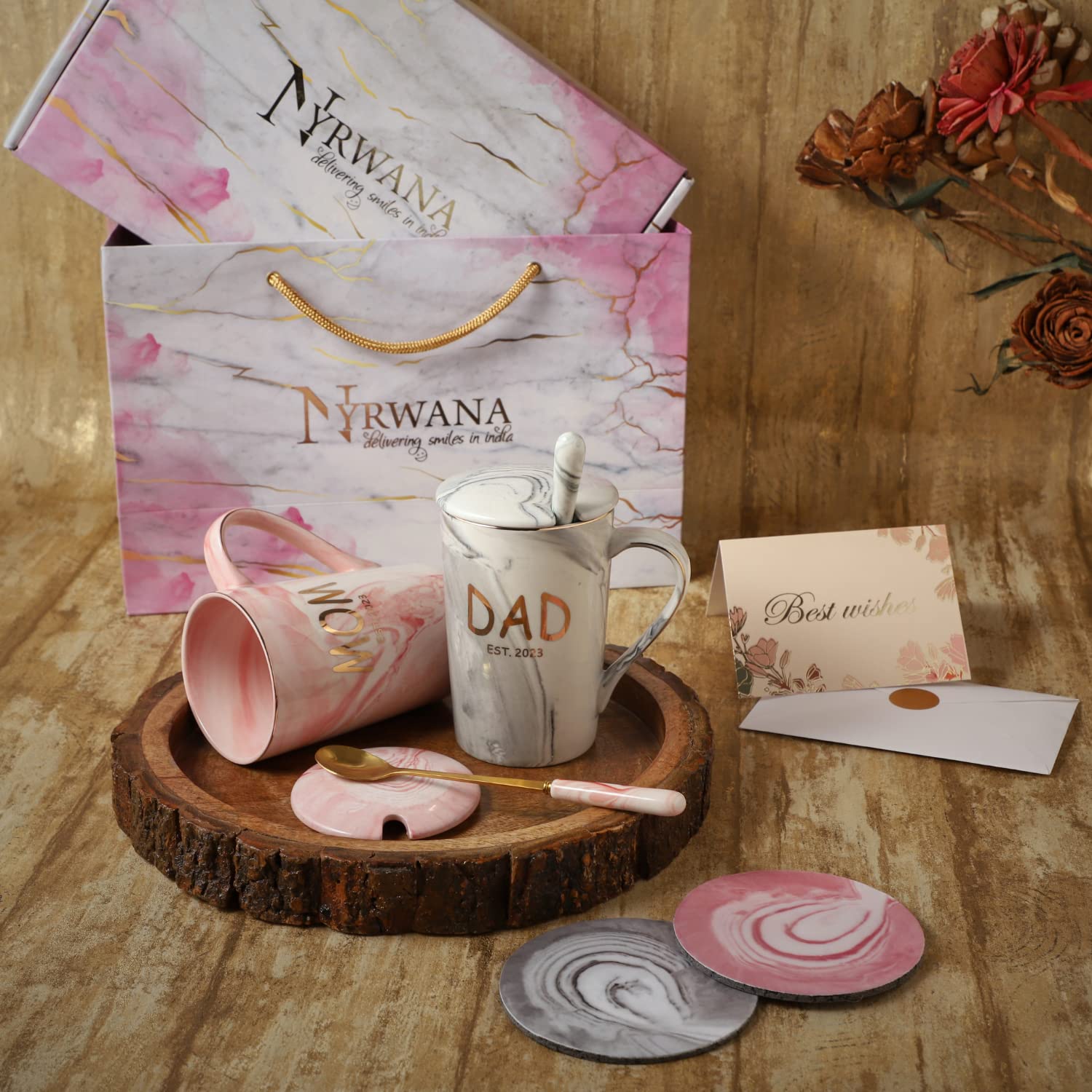 NYRWANA DELIVERING SMILES IN INIDA Dad & Mom Est 2023 Ceramic Mug Gift For Mom Dad, Gift For Couple Baby Shower Occasion, Couples Mugs Set With Gift Box & Free Coasters (Grey, Pink), 400 milliliter 3