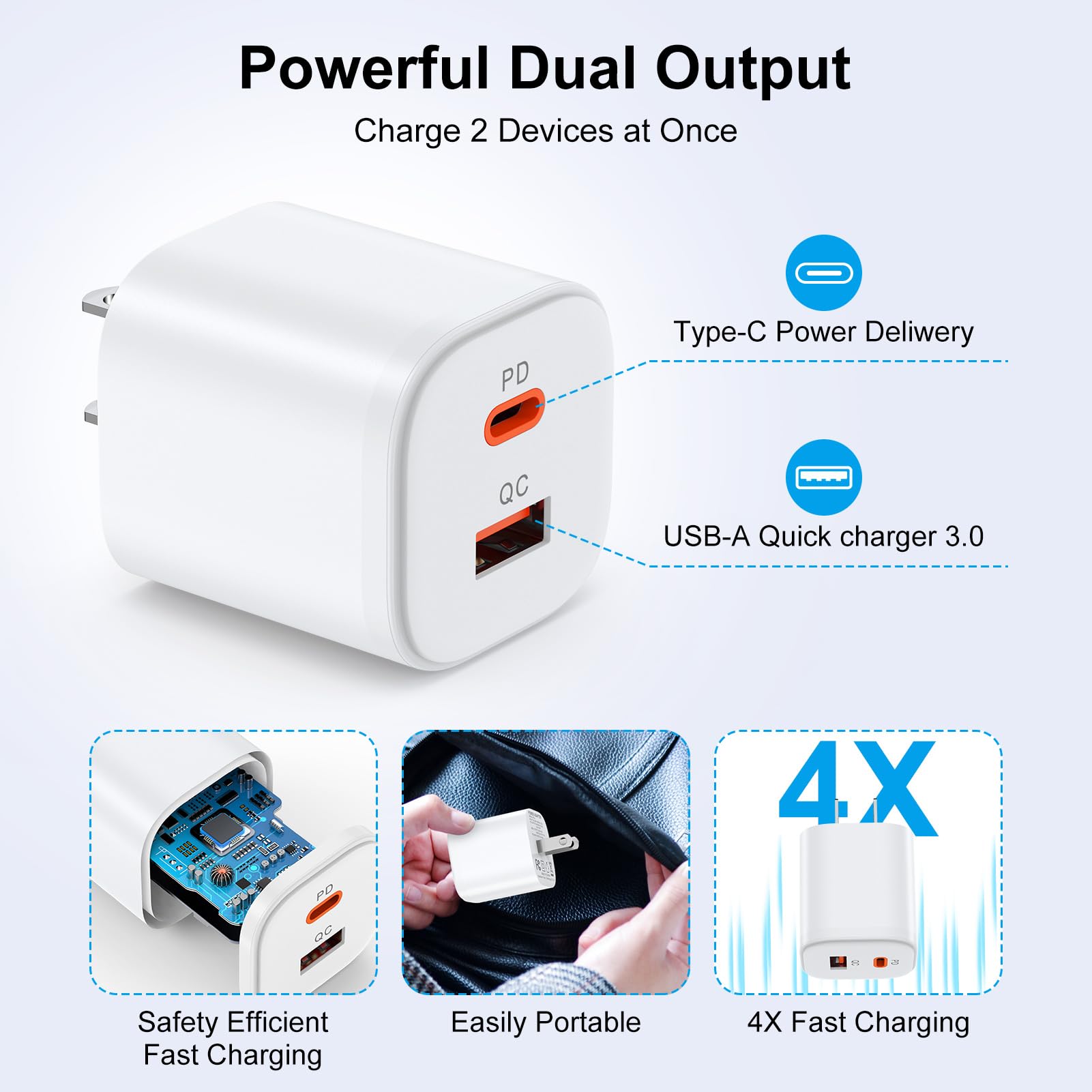 USB C Wall Charger Block,2 Pack Dual Port Power Adapter Fast Charger Cube [PD 20W USB-C & QC 3.0 USB-A Port] Compatible for iPhone 17 Pro Max 17 Air 16E 16 Pro Max Plus 15,Samsung Galaxy A17 A56 A36 3