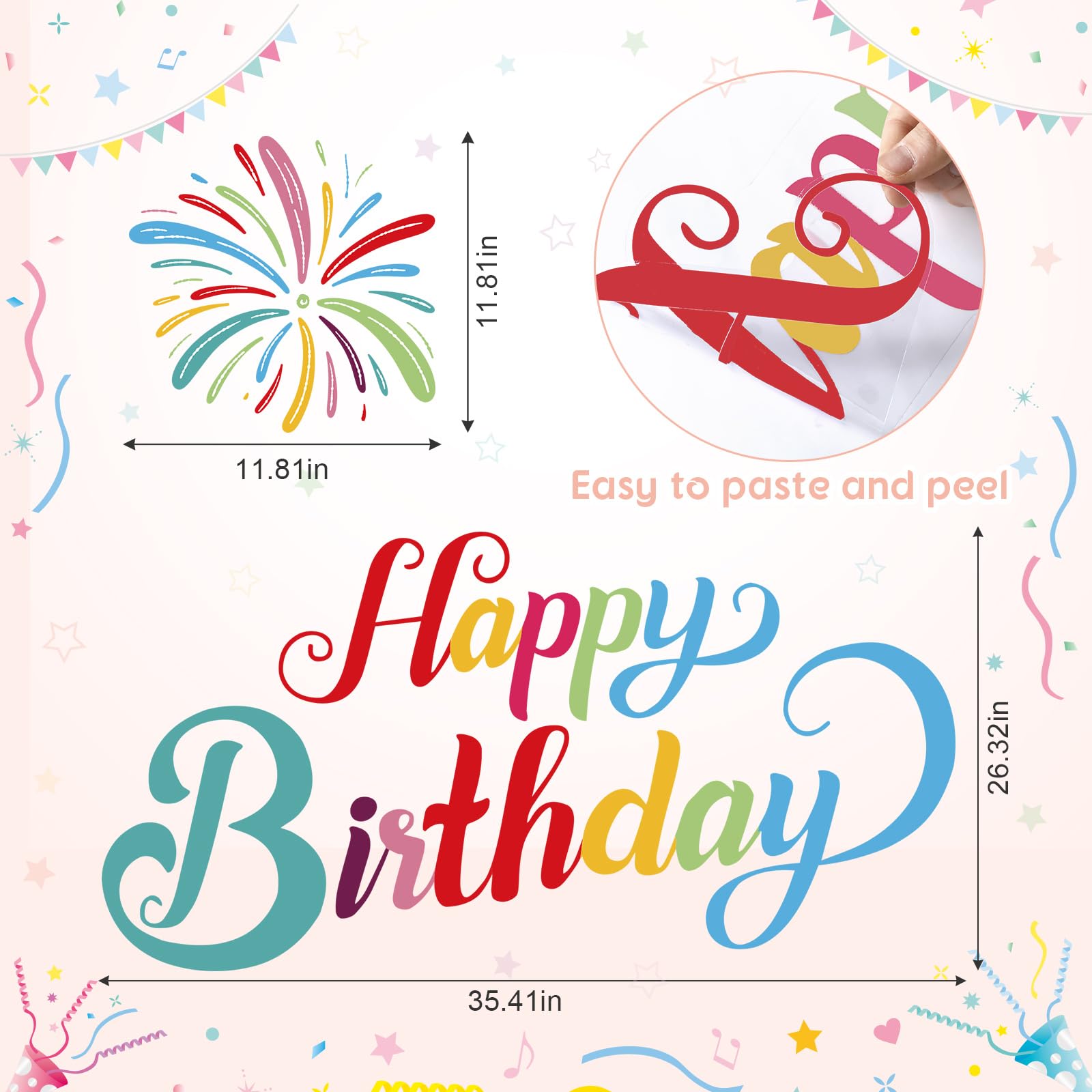 Memorywuu Happy Birthday Sign for Arch Backdrop with Fireworks and Star Happy Birthday Party Vinyl Decal Large Happy Birthday Backdrop Sticker for Balloon Arch Wall Decor (Rainbow Color) 3