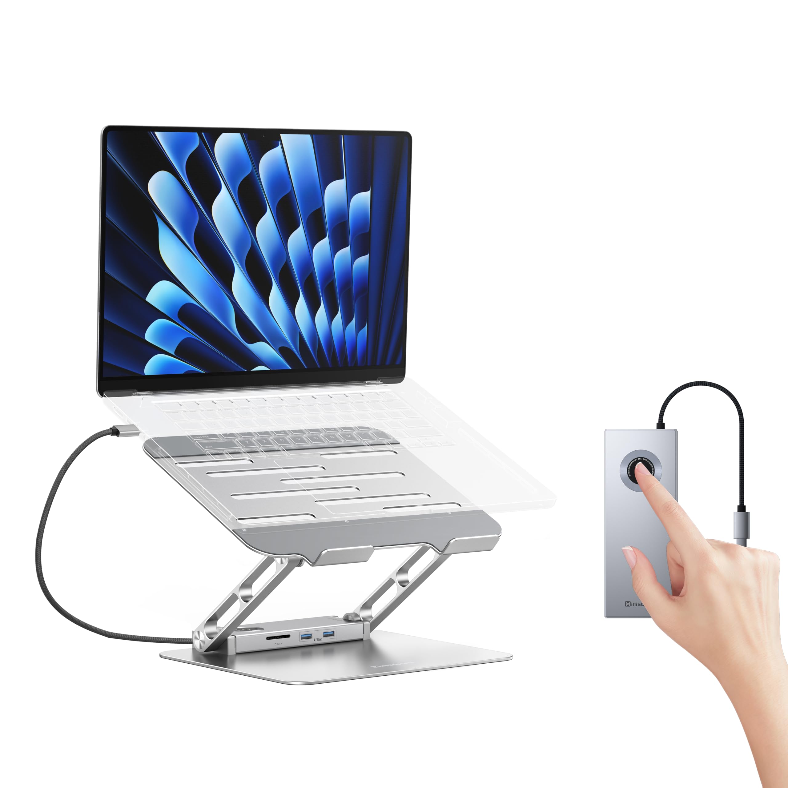 minisopuru USB C Laptop Docking Station Stand with 4K HDMI, 100W PD, Docking Station for MacBook Pro/Air/Dell/HP/Surface, Adjustable Laptop Stand for 10-17" Laptops & Tablet(4 USB A, RJ45, SD3.0) 1