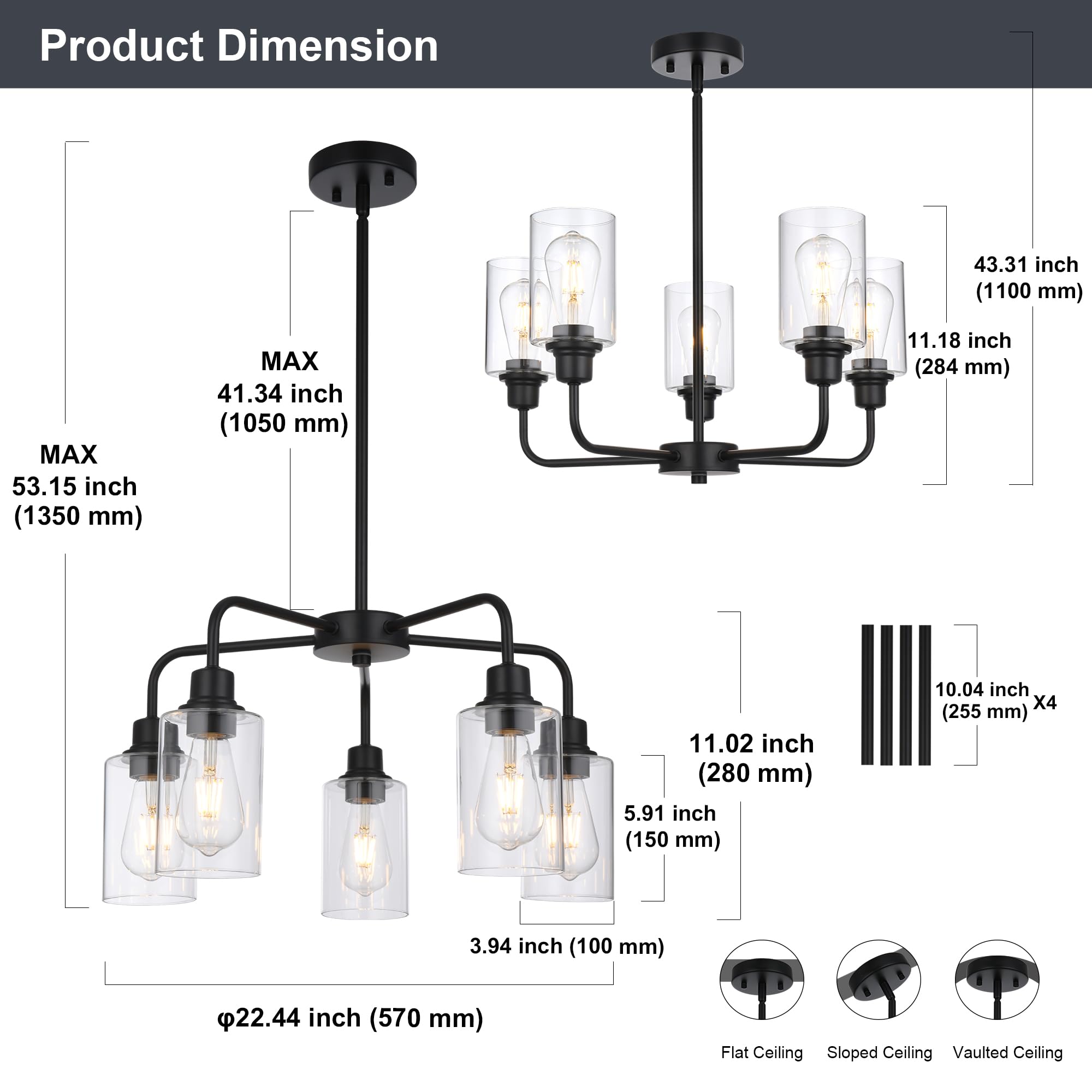 VINLUZ 5-Light Classic Black Dining Room Light Fixture, Modern Industrial Hanging Chandeliers with Clear Cylinder Glass Shades, Pendant Light Fixtures for Living Room, Kitchen, Foyer, Hallway 4
