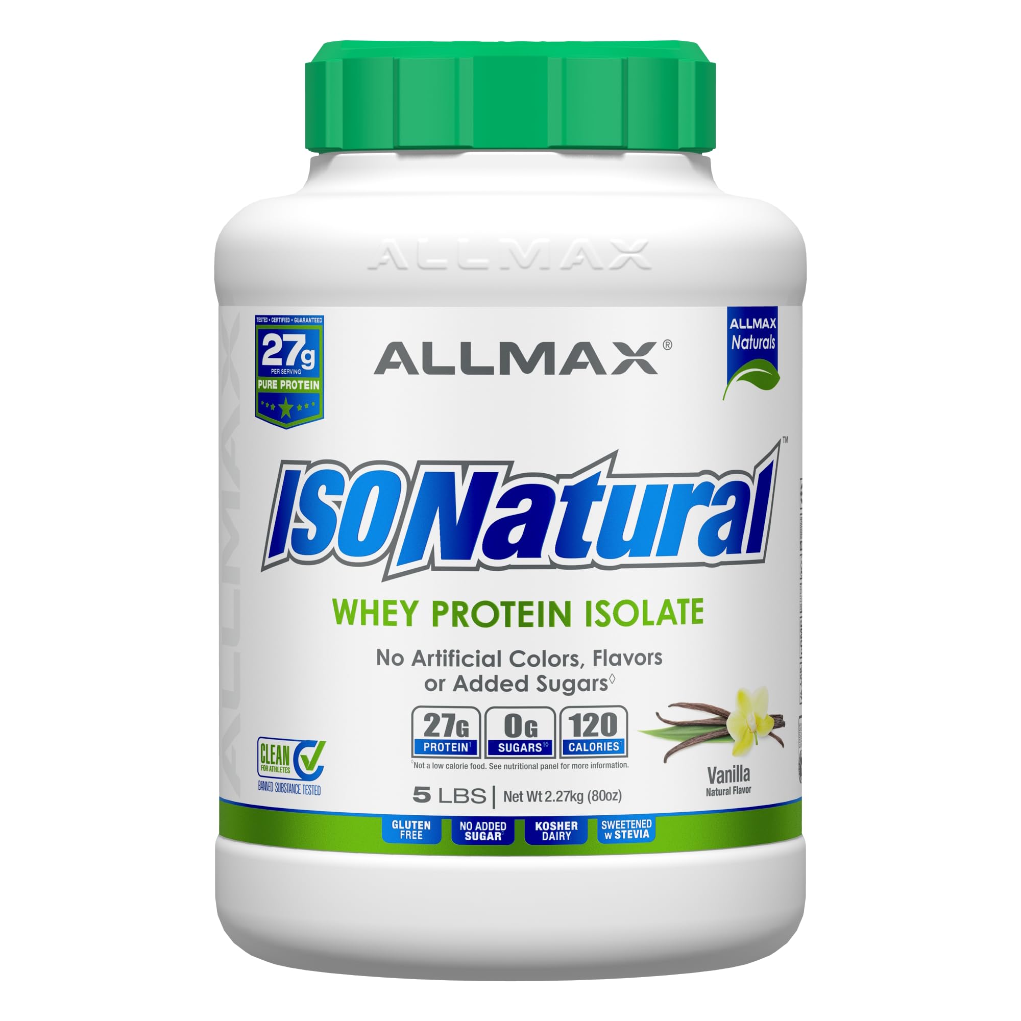 ALLMAX ISONATURAL Whey Protein Isolate, Vanilla - 5 lb - 27 Grams of Protein Per Scoop - Zero Fat & Sugar - 99% Lactose Free - with Prebiotics - No Artificial Flavors - Approx. 73 Servings 1