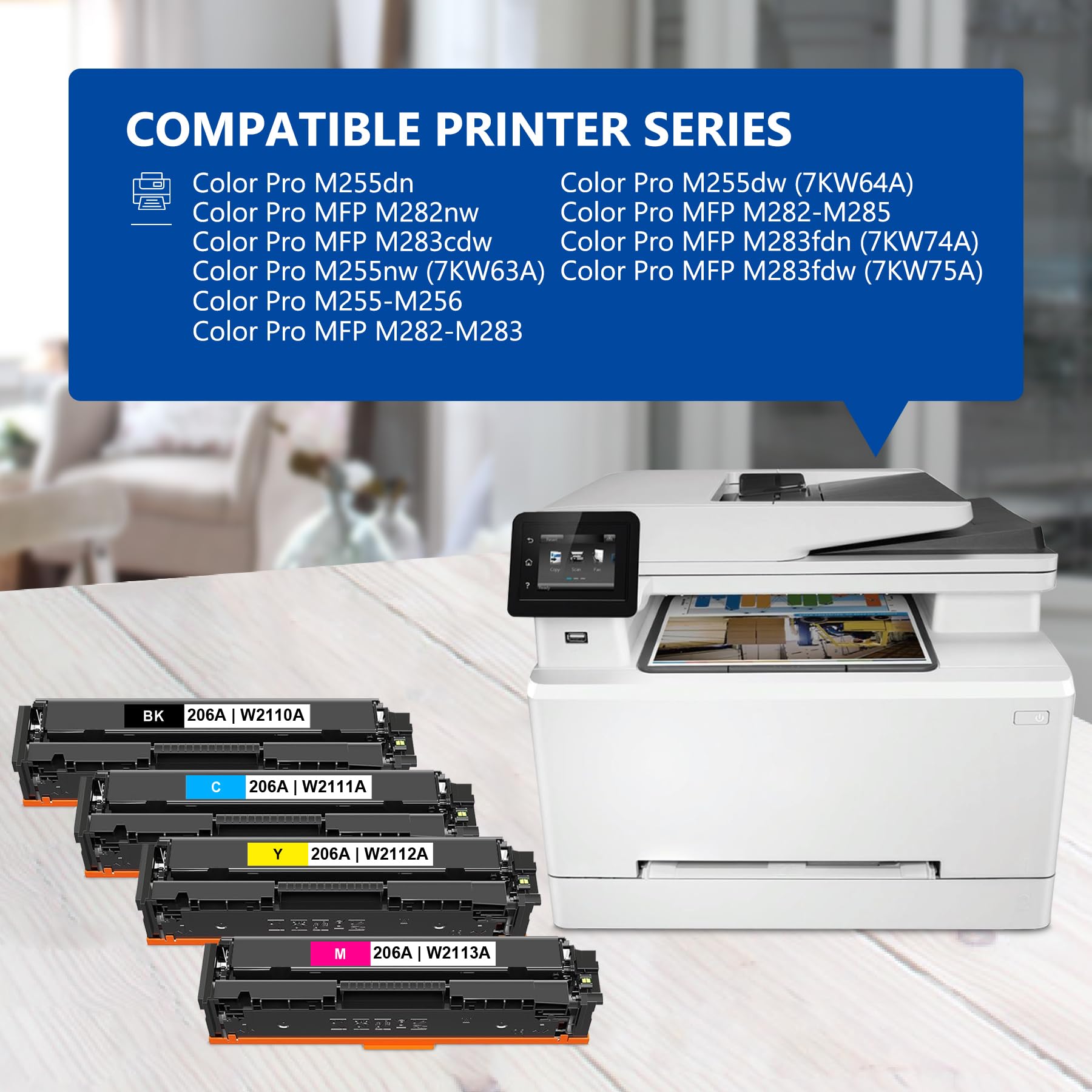 206A Toner Cartridges 4 Pack Replacement for HP 206A W2020A Color Pro MFP M283fdw M283cdw, Pro M255dw M255nw, MFP M282nw M283 M282 M255 Printer | W2110A W2111A W2112A W2113A (with CHIP) 3