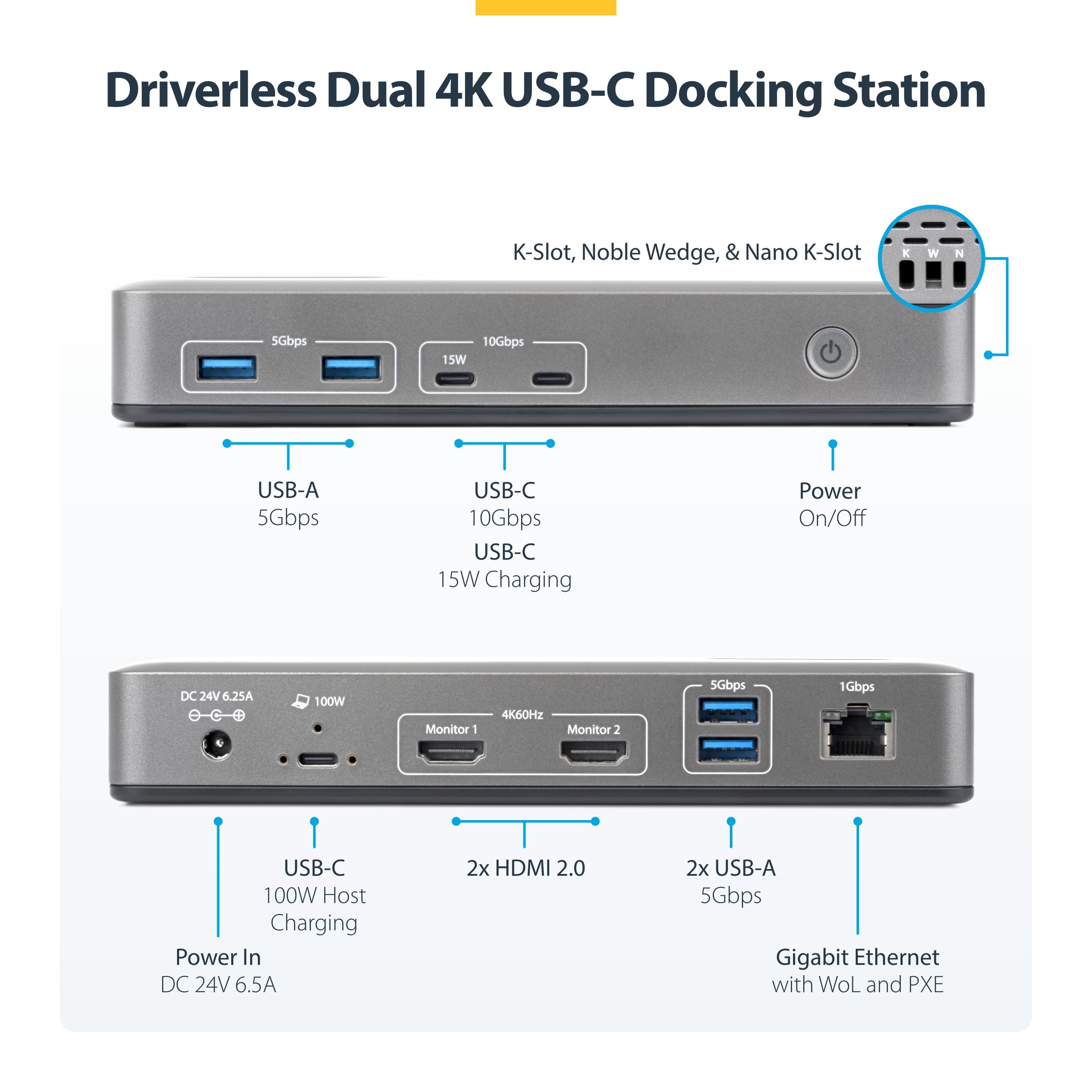 StarTech USB-C Docking Station for Dual Monitors, Dual 4K 60Hz HDMI, 100W Power Delivery Charging, 6 USB Ports (10Gbps), Gigabit Ethernet, Driverless DP Alt Mode Windows Laptop Dock (196N-USBC-DOCK) 3