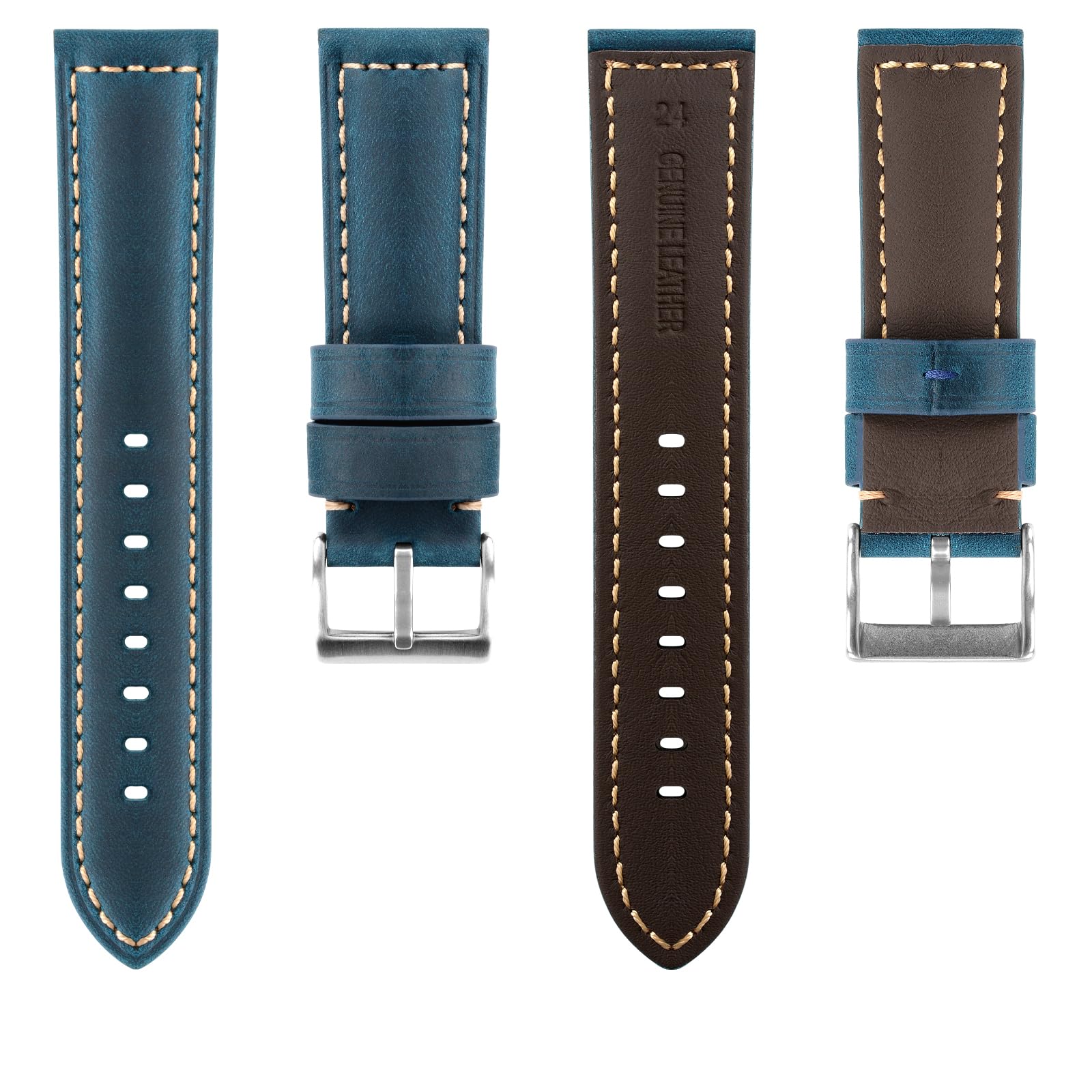 TStrap Leather Watch Band 22mm - Blue Vintage Soft Watch Strap for Men Thickly - Padded Smart Watch Bands Bracelet w/Clasp Buckle Replacement 3