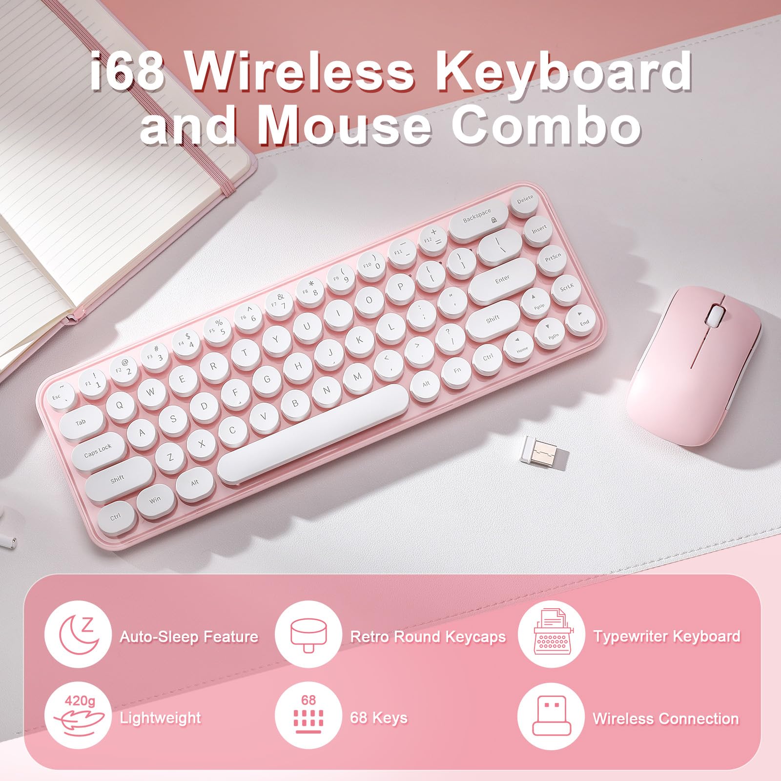 MIKIBY i68 Wireless Typewriter Keyboard and Mouse Combo,Pink Keyboard with 2.4GHz Connection, Cute Retro Aesthetic Design Round Keycaps for Tablet, Phone, PC and Win/Mac/Android(Pink) 3