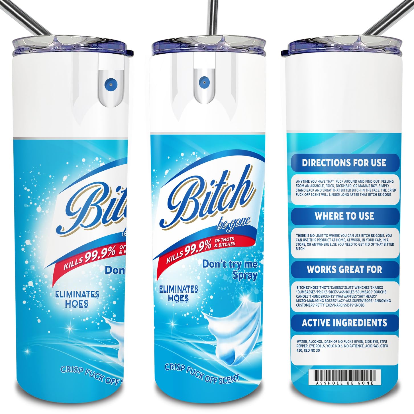 PuresDesigns Bitch Be Gone Tumbler - Bitch Be Gone Cup - Bitch Spray - Bitch Be Gone Spray Blue Fresh Funny Insulated Stainless Steel 20oz Tumbler 1