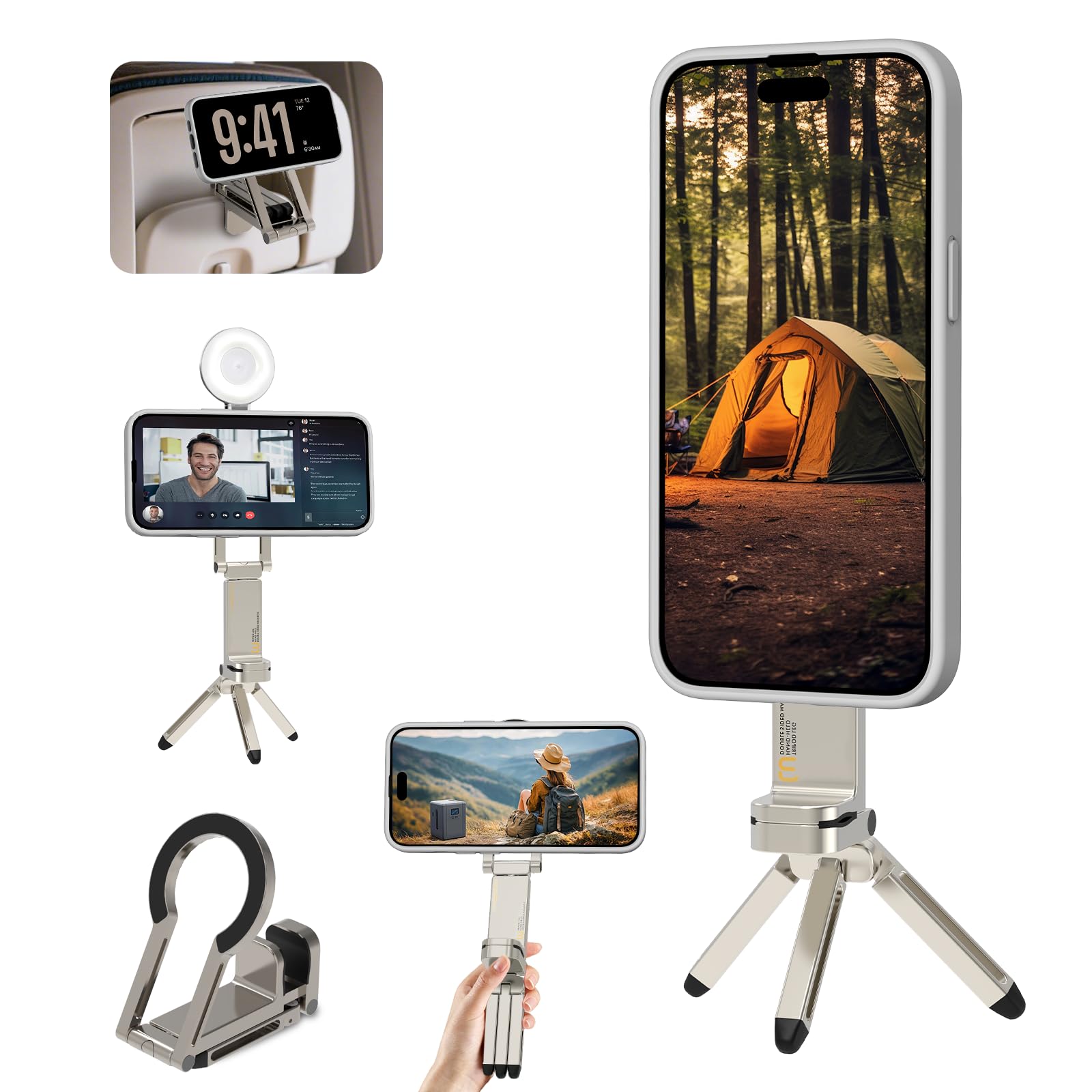 Hualele Magnetic Phone Tripod Stand for Magsafe Accessories - Mini Pocket Cell Phone Stand Strong Quick Mount Phone Holder Travel Essentials for Cell Phone Video Recording Camera Mounts, Silver 1