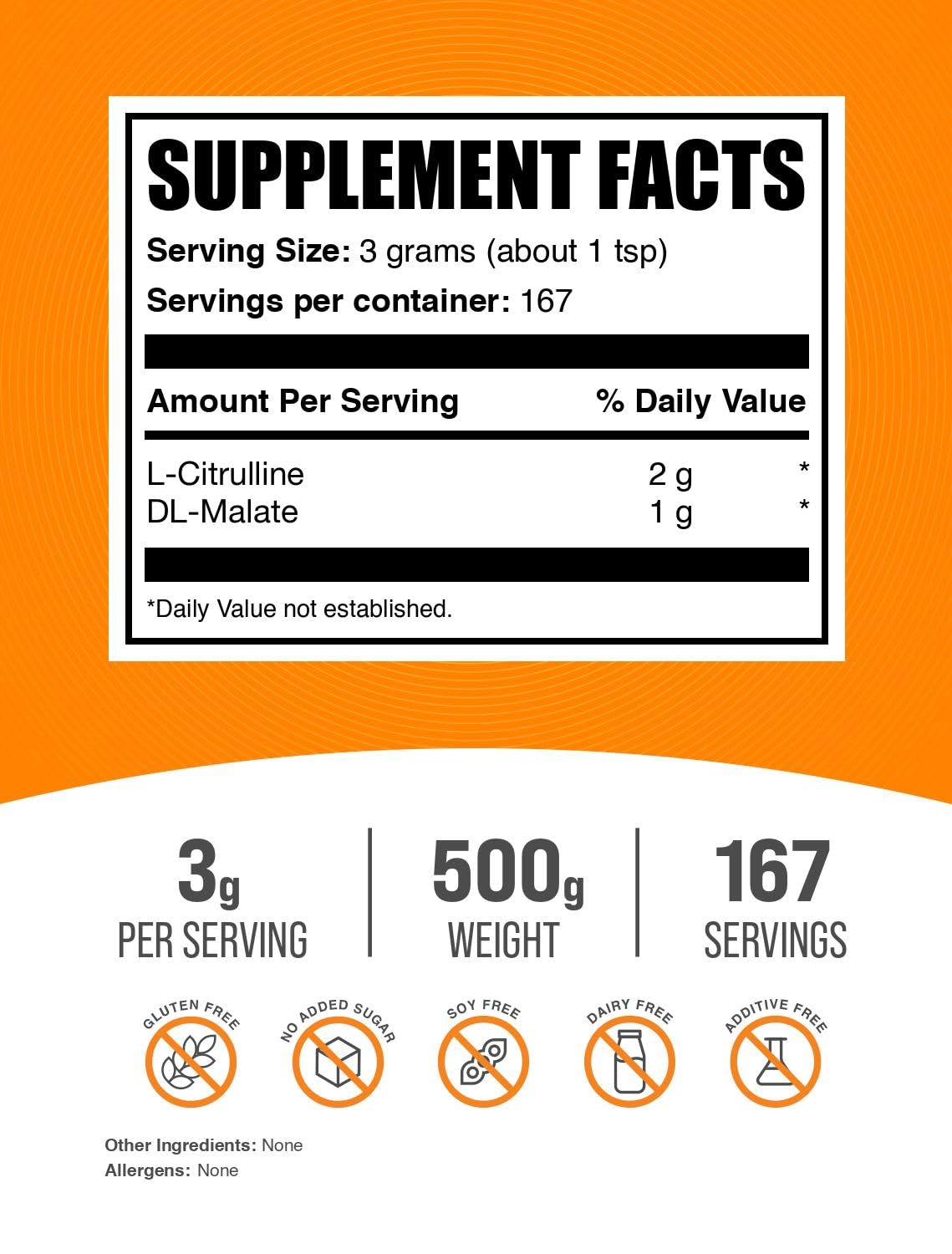 BulkSupplements.com L-Citrulline Malate 2:1 Powder - Nitric Oxide Boost, Citrulline Malate Supplement - Unflavored & Gluten Free - 3g per Servings, 500g (1.1 lbs) (Pack of 1) 3