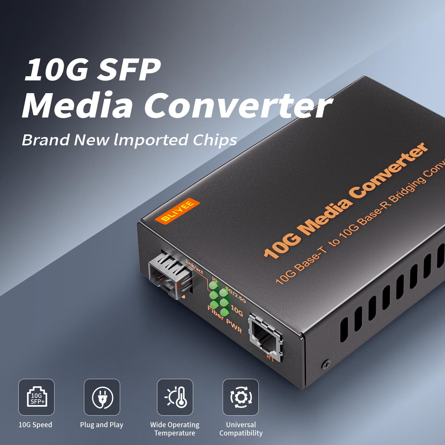 BLIYEE 10G Media Converter, Unmanaged 100M/1G/2.5G/10GBase-T Fiber Transceiver, SFP to RJ45 Converter, Support 10GBase-SR/LR Transceiver, Auto-Negotiation, Plug and Play 3