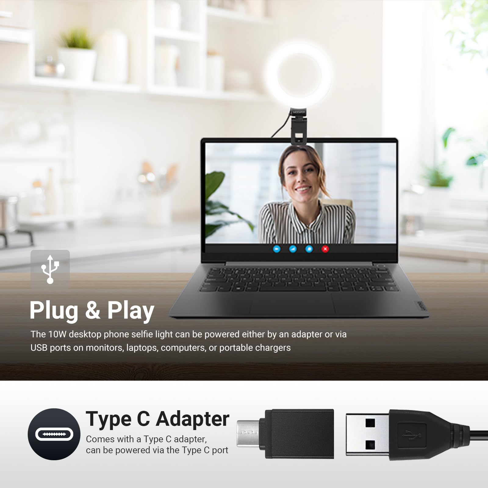 NEEWER Basics 5" LED Desktop Ring Light with Stand, Monitor Clamp, 10W, Compatible with iPhone Desk Computer Laptop Webcam Phone for Selfie Makeup Recording Zoom Video Conference Lighting, Black BR60 6