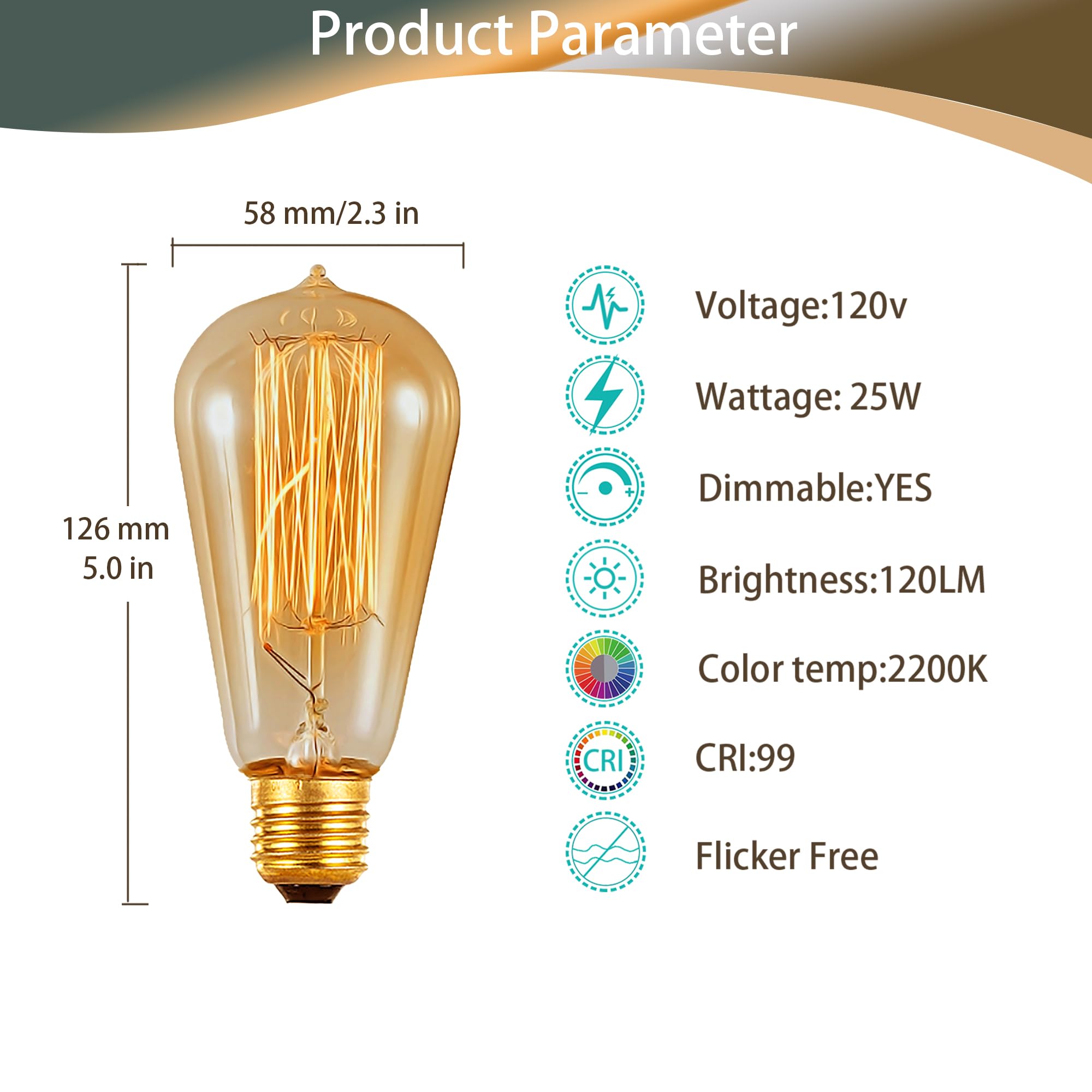 ST58 Vintage Antique Light Bulbs-25W E26 Base 120 Volts Dimmable Edison Light Bulbs,Amber Glass, Warm White 2200K (2 Pack) 3