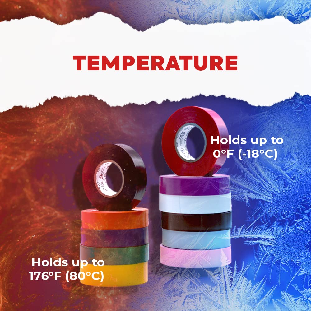 MAT Professional Grade Wide Electrical Tape Rainbow - 1 inch x 66 ft. UL/CSA listed core (Pack of 8) - Waterproof, Flame Retardant, & Strong Rubber Based Adhesive for Use At No More Than 600V & 176F 4