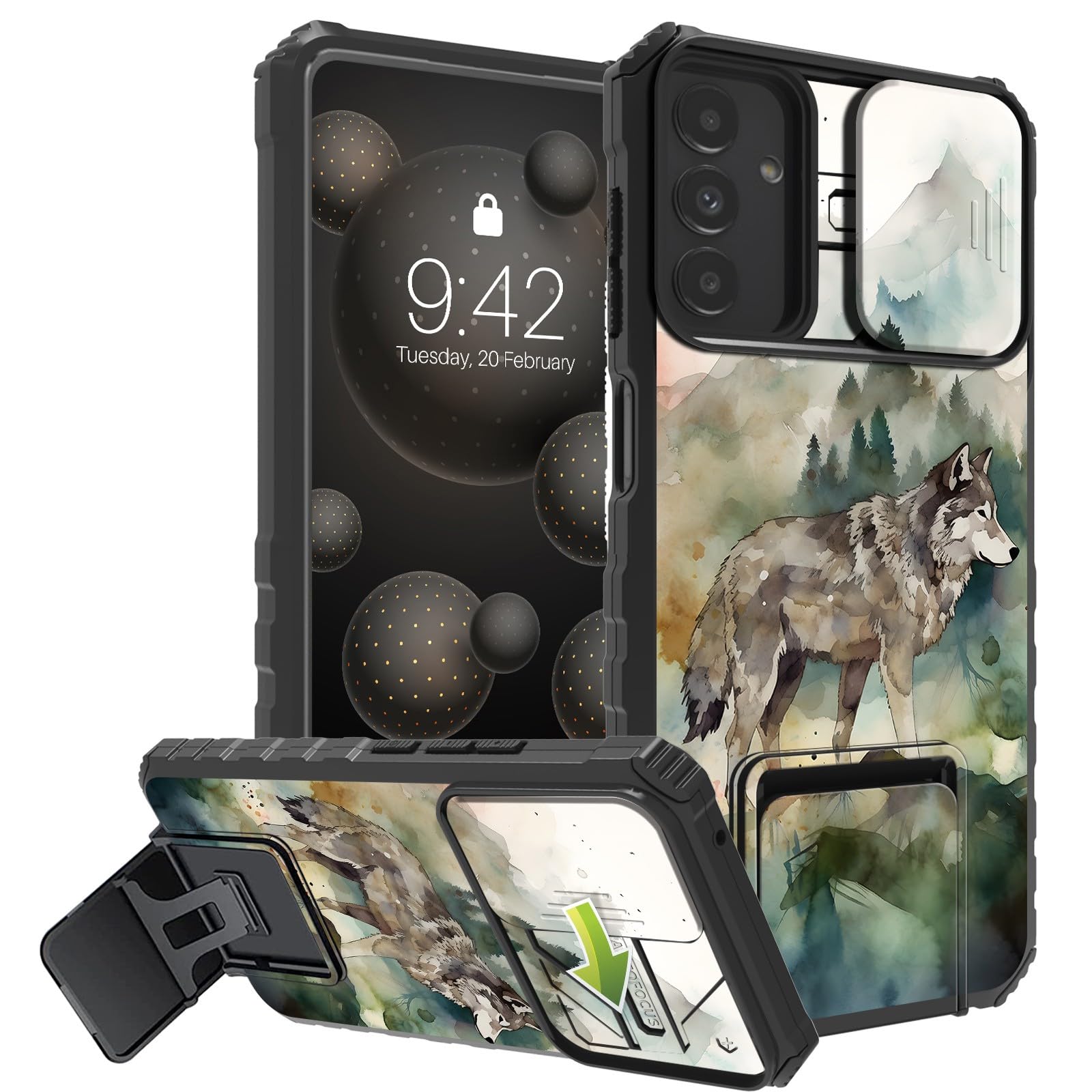 DHYYDSQZ for Samsung Galaxy A14 5G Phone Case with Sliding Camera Cover & Stand Kickstand Dual Layer Hybrid Heavy Duty Shockproof Protective Case for Samsung A14 5G 6.6" 2023, Watercolor Art Wolf 1