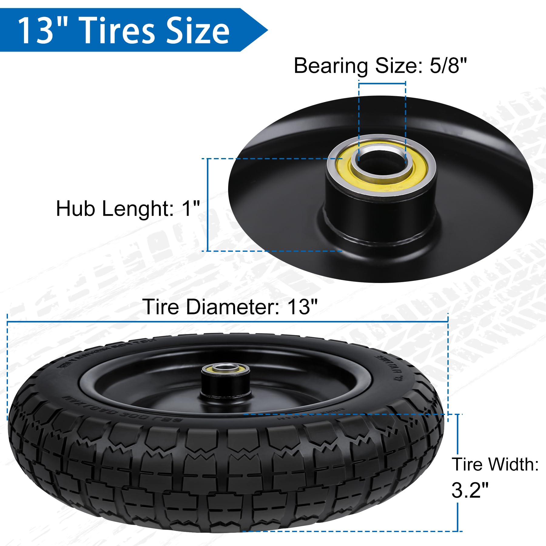 phepetroll 13 Inch Flat Free Wheels Tires 4.00-6 Solid Replacement with Universal 5/8" Axle Bore Hole, 16 Spacers and 8 Pins, for Wheelbarrow, Garden Wagon, Hand Truck, Trolley, Lawn Mower, 4 Pack 3