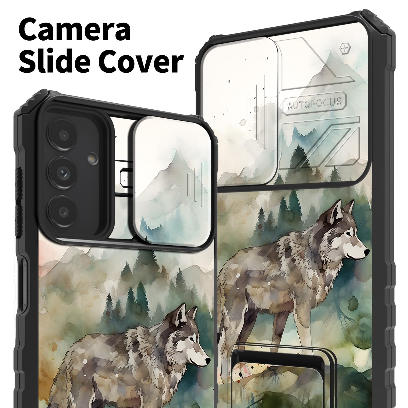 DHYYDSQZ for Samsung Galaxy A14 5G Phone Case with Sliding Camera Cover & Stand Kickstand Dual Layer Hybrid Heavy Duty Shockproof Protective Case for Samsung A14 5G 6.6" 2023, Watercolor Art Wolf 4