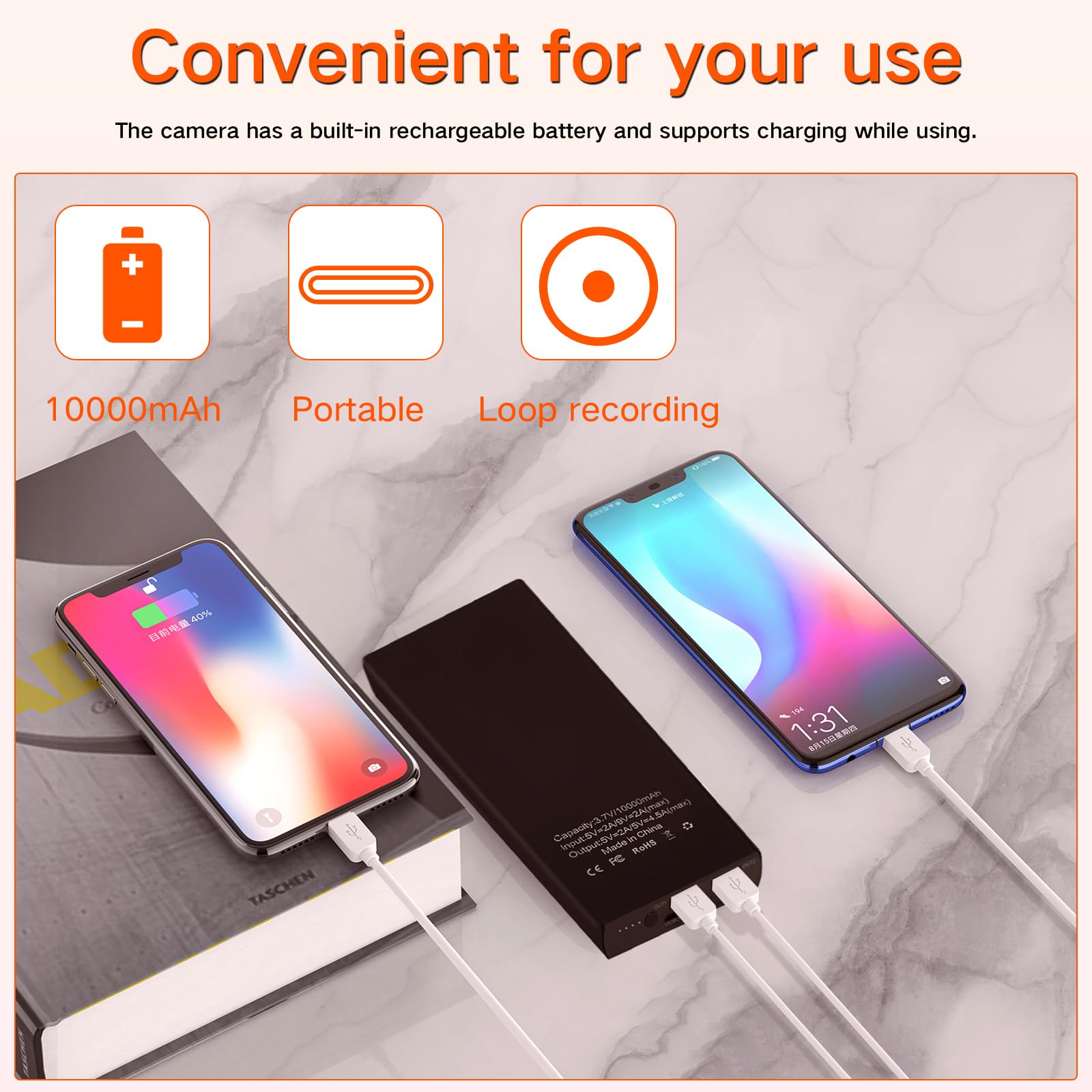 FUXGZ Mini Camera 10000 mAh Power Bank, HD 1080P Video Recorder with Motion Detection Night Vision Gravity Sensor, Security Nanny Cam, Portable Small Video Camera for Outdoor/Indoor, No Audio 6