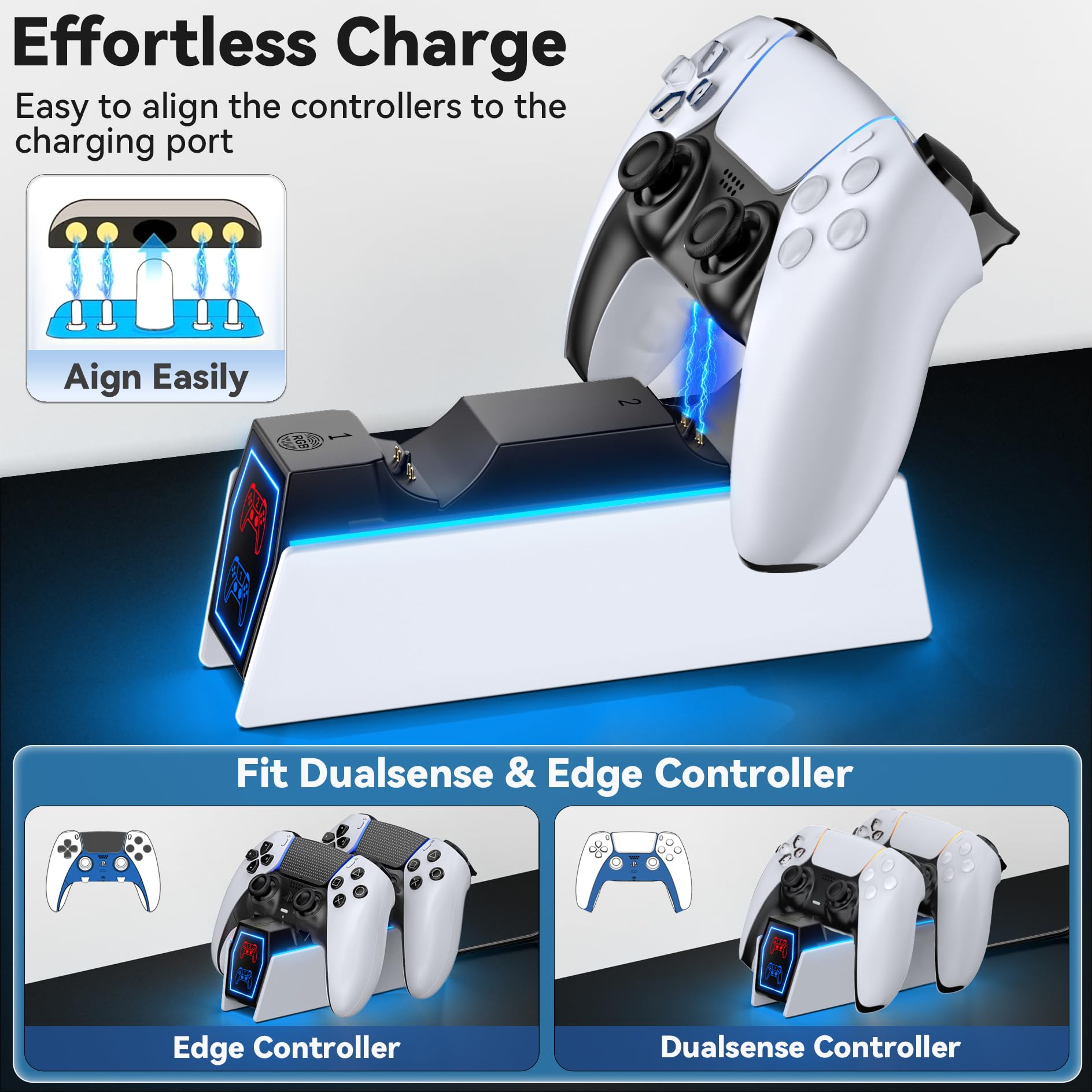 PS5 Controller Charging Station with 9 RGB LED Lights, PS5 Charger Station Compatible with PlayStation Console Skin Original & Edge Controller, PS5 Controller Accessories Charging Dock Stand 5