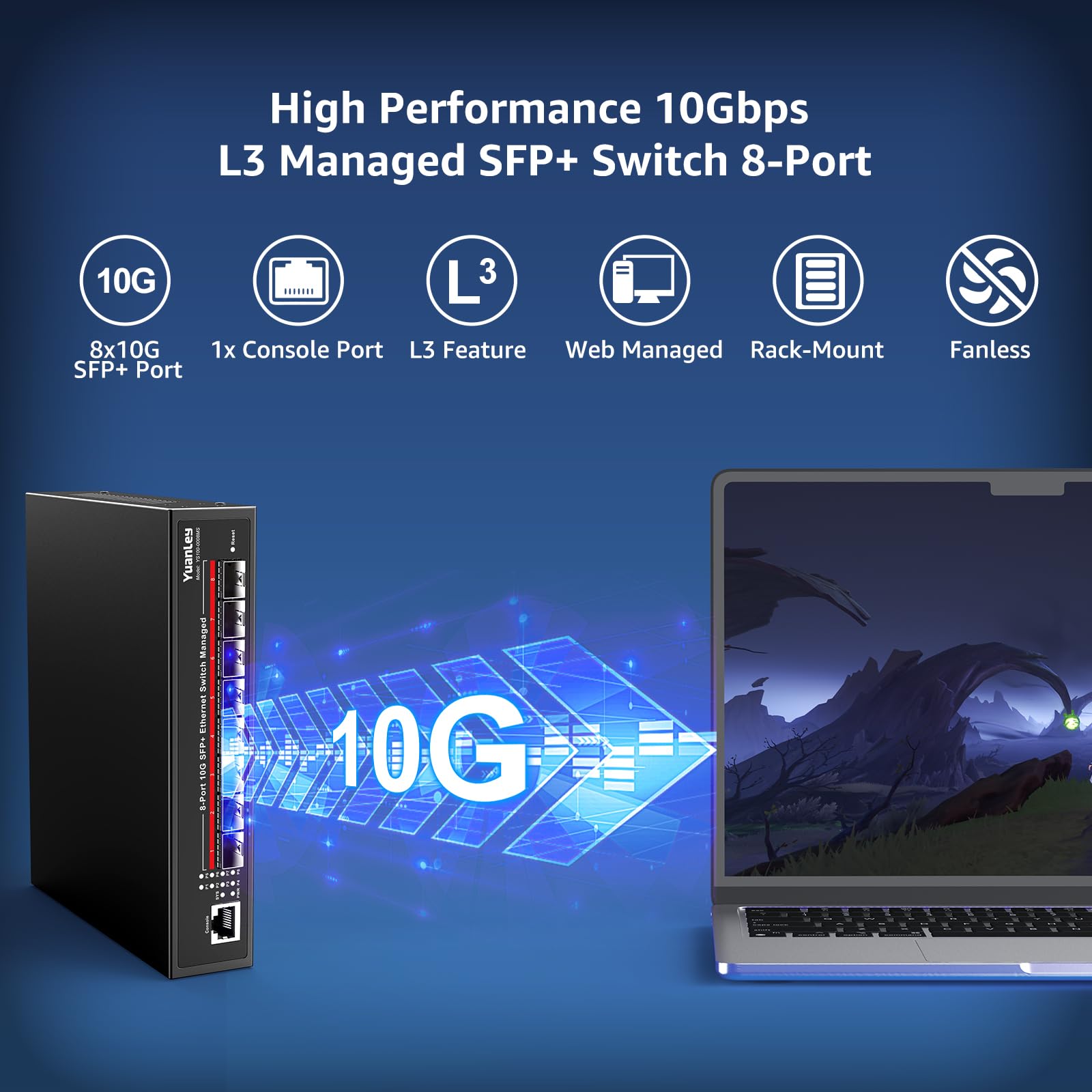 YuanLey 8 Port 10G Managed SFP Switch, 8X 10Gbps SFP+, L3 Smart Managment Ethernet Switch, Link Aggregation, VLAN, QoS, ACL, Rackmount 10Gbe Multi-gig Network Switch, Metal Case, 160Gbps Bandwidth 3