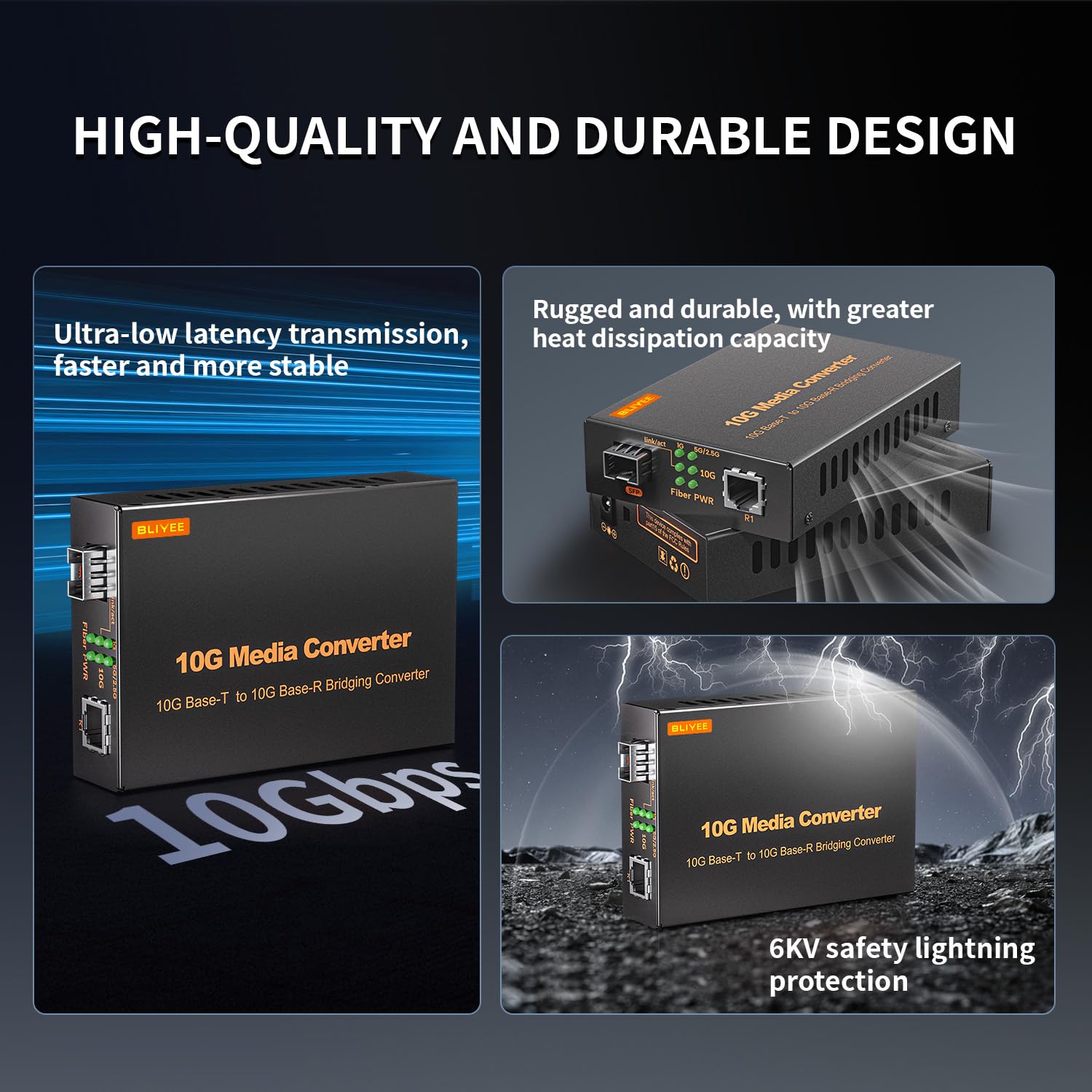 BLIYEE 10G Media Converter, Unmanaged 100M/1G/2.5G/10GBase-T Fiber Transceiver, SFP to RJ45 Converter, Support 10GBase-SR/LR Transceiver, Auto-Negotiation, Plug and Play 6