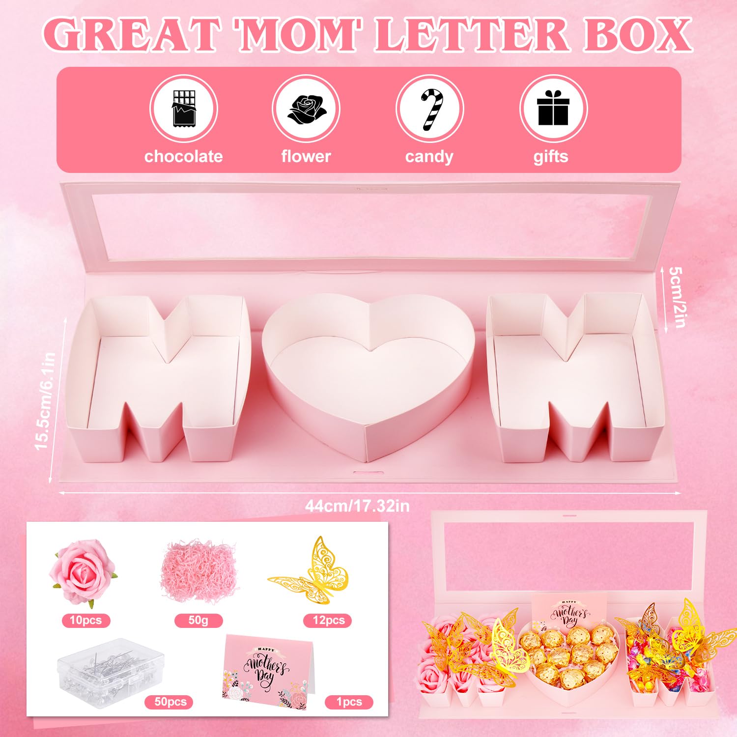 QAUYETM Empty Flower Gift Box for Mom Thicker Letter Shaped Fillable Gift Box with 10 Flowers 50 Bouquet Pins 12 Gold Decor Butterfly Raffia Paper Shreds A Card for DIY Mother's Day Birthday 3