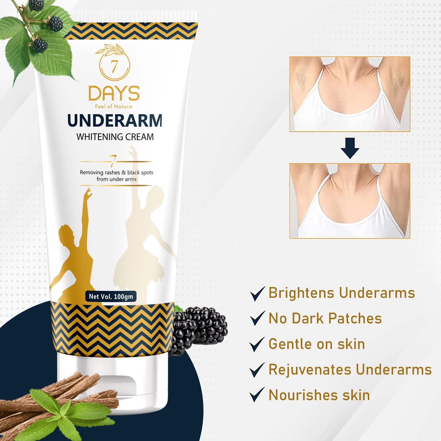 7 Days Dark Underarm Whitening Cream, For Even Toned & Patchy Underarms with Natural Ingredients, Remove Black Spots & Warts – 100g 3
