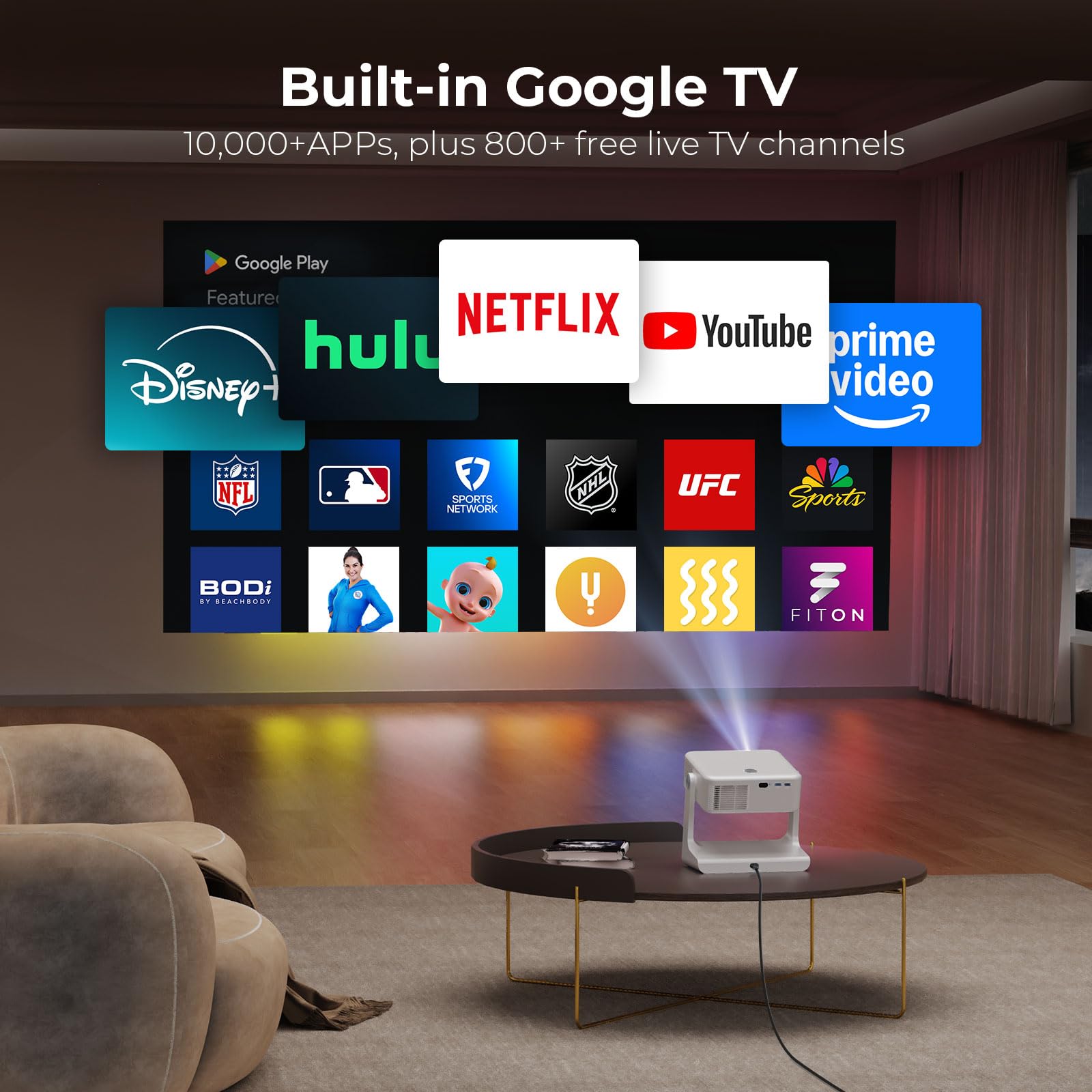 Outdoor-Projector-4K [1200 ANSI/Google TV/Voice Control] Smart Projector with WiFi 6 and Bluetooth, 10,000+ Apps, AI Focus Portable Proyector with Netflix, Sovboi 1080P Audio Movie Home [180° Stand] 3