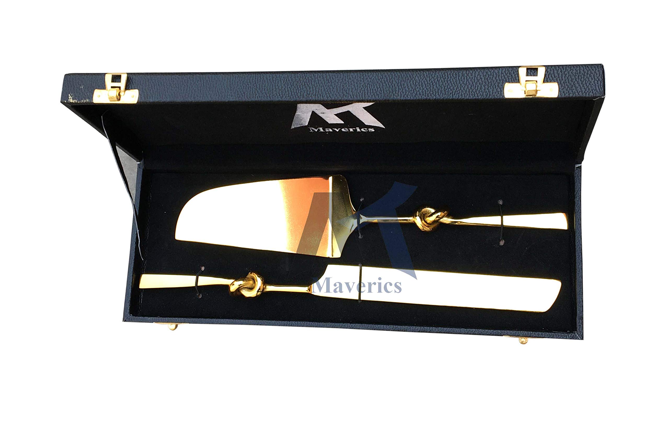 Maverics Cake Cutter Knife and Server Spatula Set of 2 | Single Knot Handle Design | Brass Gold Plated | Stainless Steel Cake Cutting Knife & Pie Server | Wedding, Birthday & Gifting 1