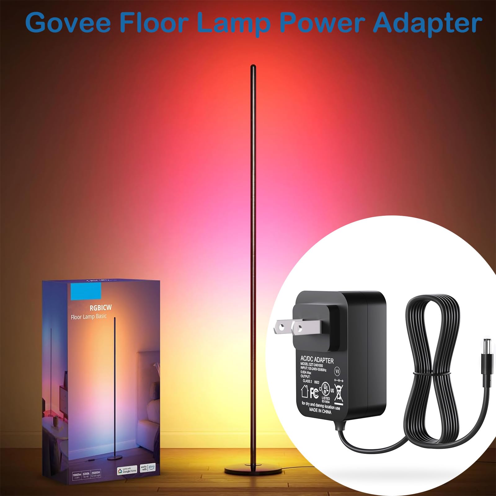 24V Corner Floor Lamp Power Cord for Govee LED Lights 16 Million DIY Colors ‎H6076 H6078 Power Adapter for Govee Room Floor Lamp AC Power Supply 6