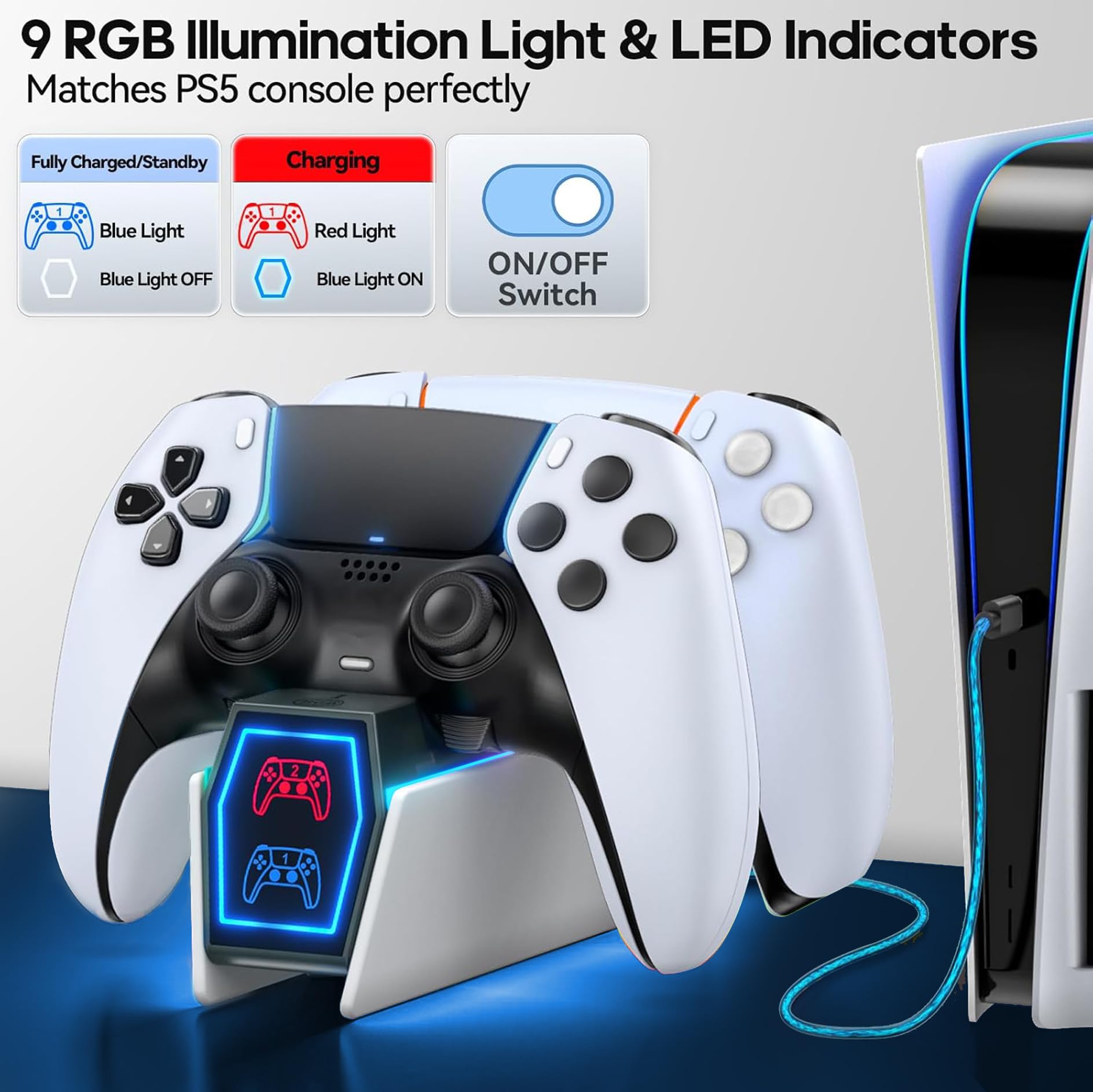 PS5 Controller Charging Station with 9 RGB LED Lights, PS5 Charger Station Compatible with PlayStation Console Skin Original & Edge Controller, PS5 Controller Accessories Charging Dock Stand 4