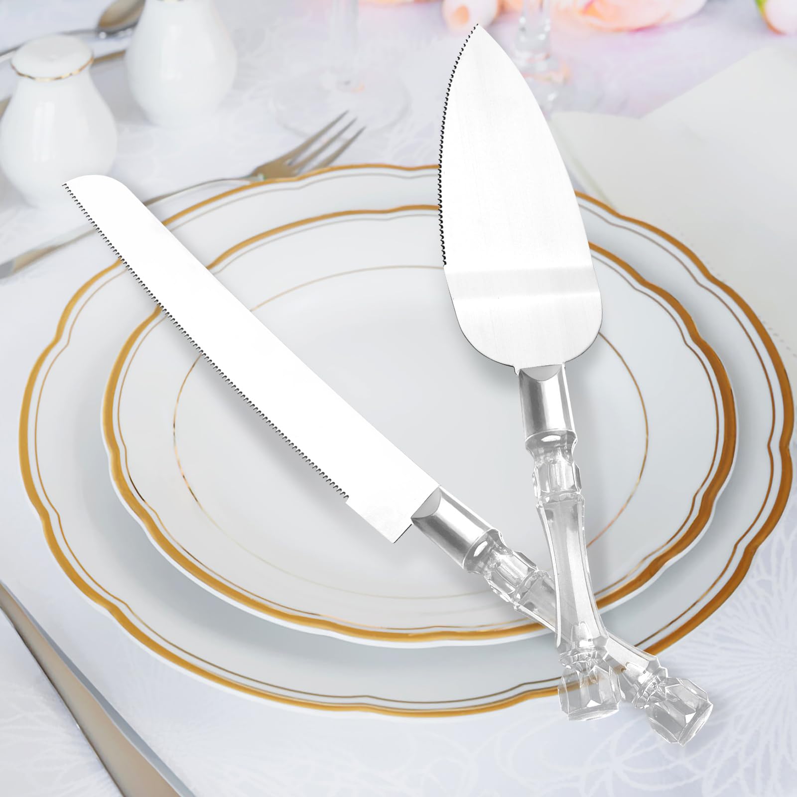 Cake Knife and Server Set - 2 Pcs Cake Cutting Set for Wedding with Stainless Steel Blades, Wedding Cake Knife with Acrylic Faux Crystal Handles, Perfect for Wedding Cake and Birthdays (Silver) 4