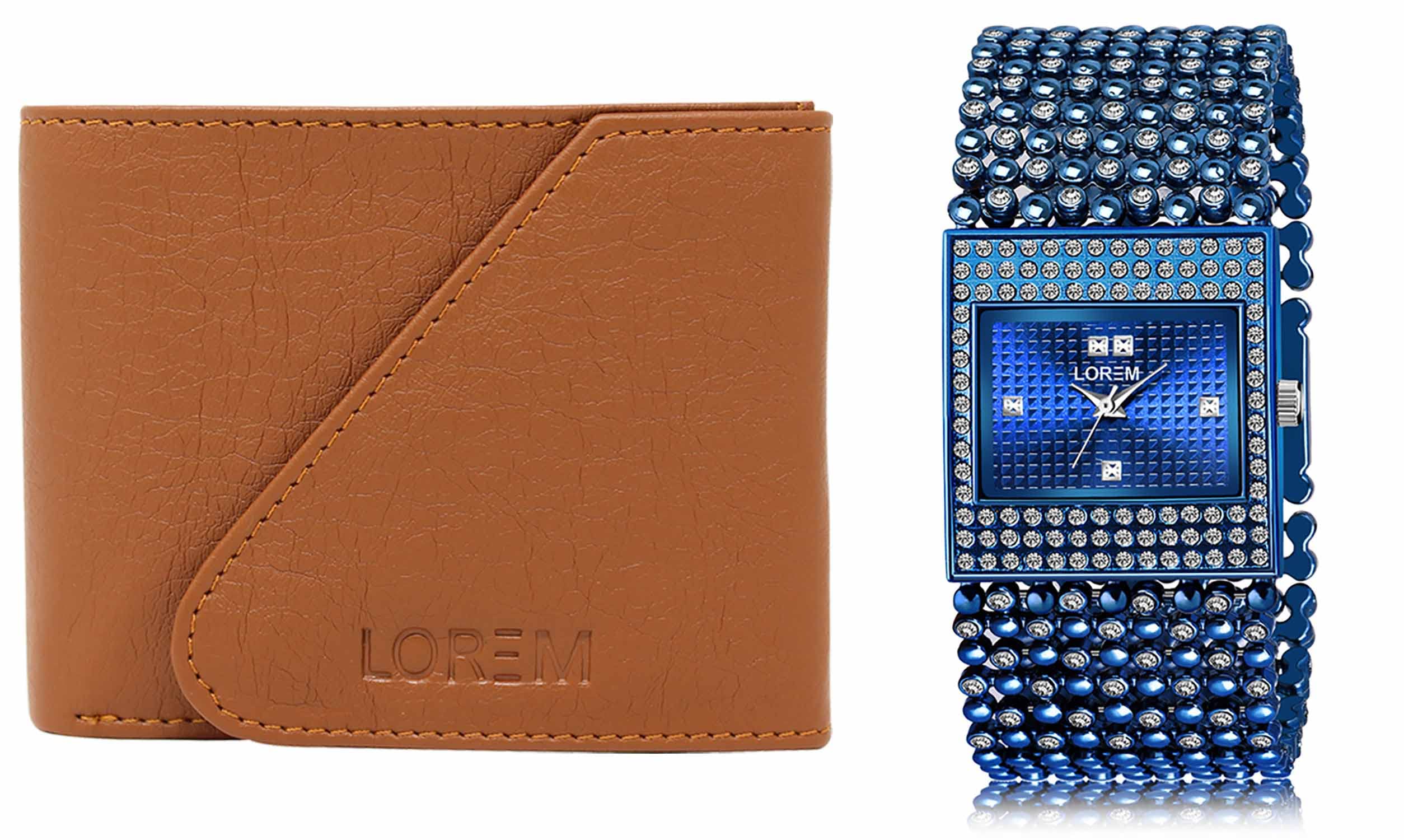 LOREM Tan Color Faux Leather Wallet & Blue Analog Watch Combo for Men & Women | WL01-LR290 1