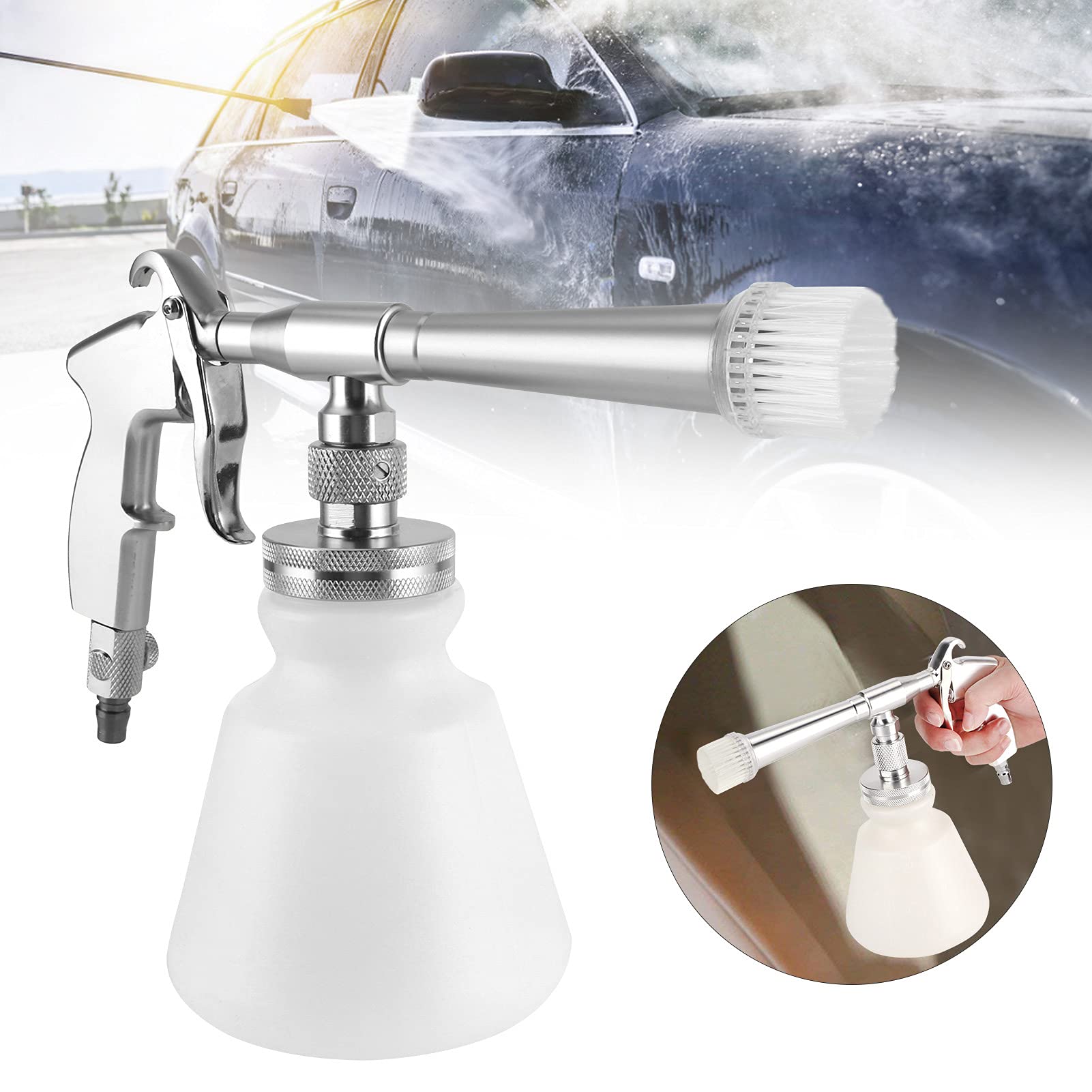 KLLJRFW Car Cleaning Gun, 6.2 to 9.5KG High Pressure Air Blower Gun for Car Detailing, Quickly Clean Car Interior Cleaning Kit with 2 Nozzles and Thickened Foam Bottle (Silver) 6