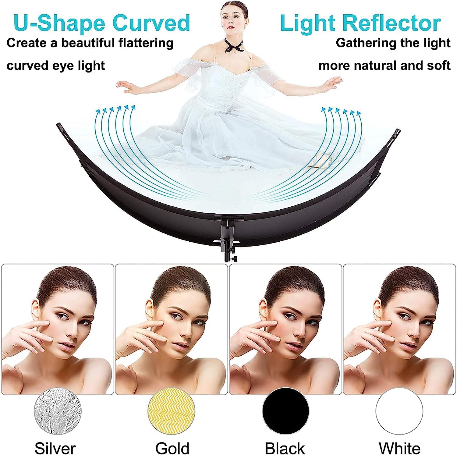 YUOCU Clamshell Light Reflector Diffuser with Carrying Bag, 40"x20"/100x50cm Photography Arclight Curved Lighting Reflector for Photo Video Studio Outdoor Shooting, Black,White,Gold,Silver (40"x20") 5