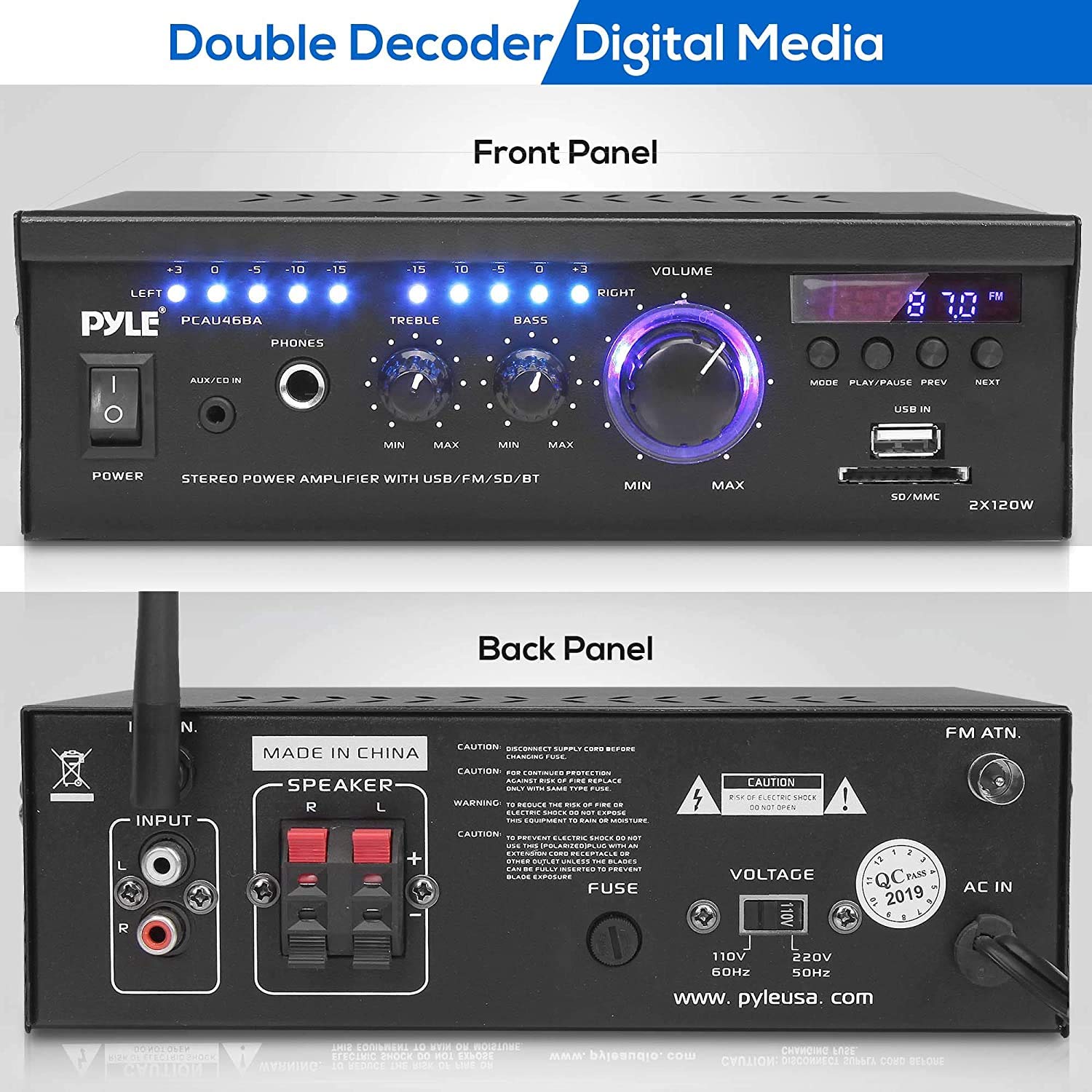2x120 Watt Power Amplifier Home Audio Bluetooth Receiver System W/Blue Led Display, USB/SD, AUX, RCA, Headphone Jack - Remote 3