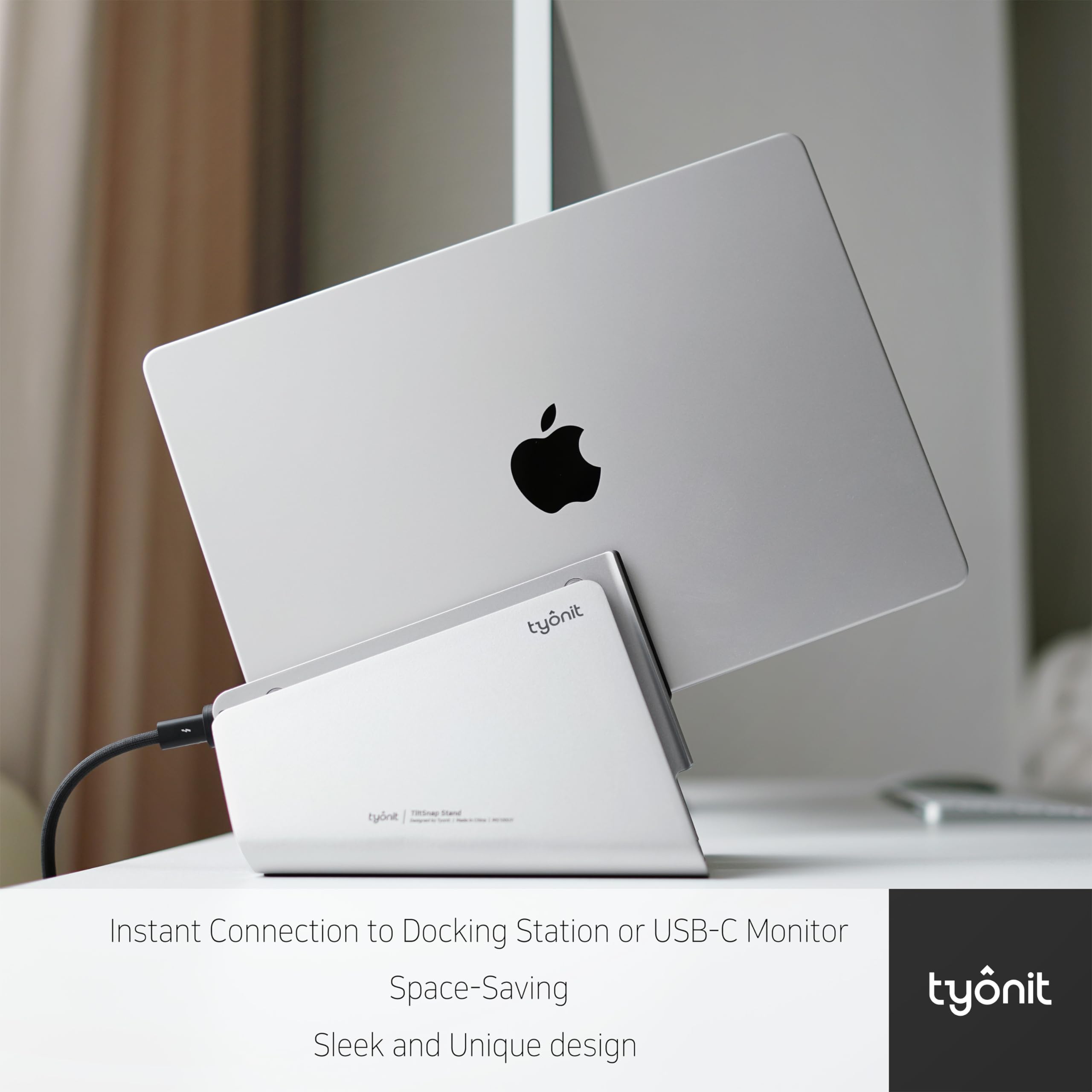 tyonit TiltSnap Vertical Laptop Stand for MacBook, Auto Thunderbolt4 USB-C Connection, Seamless Connection to The Docking Station or Display, 40Gbps, 100W PD (Silver, MacBook Pro 16" (M1/M2/M3)) 3