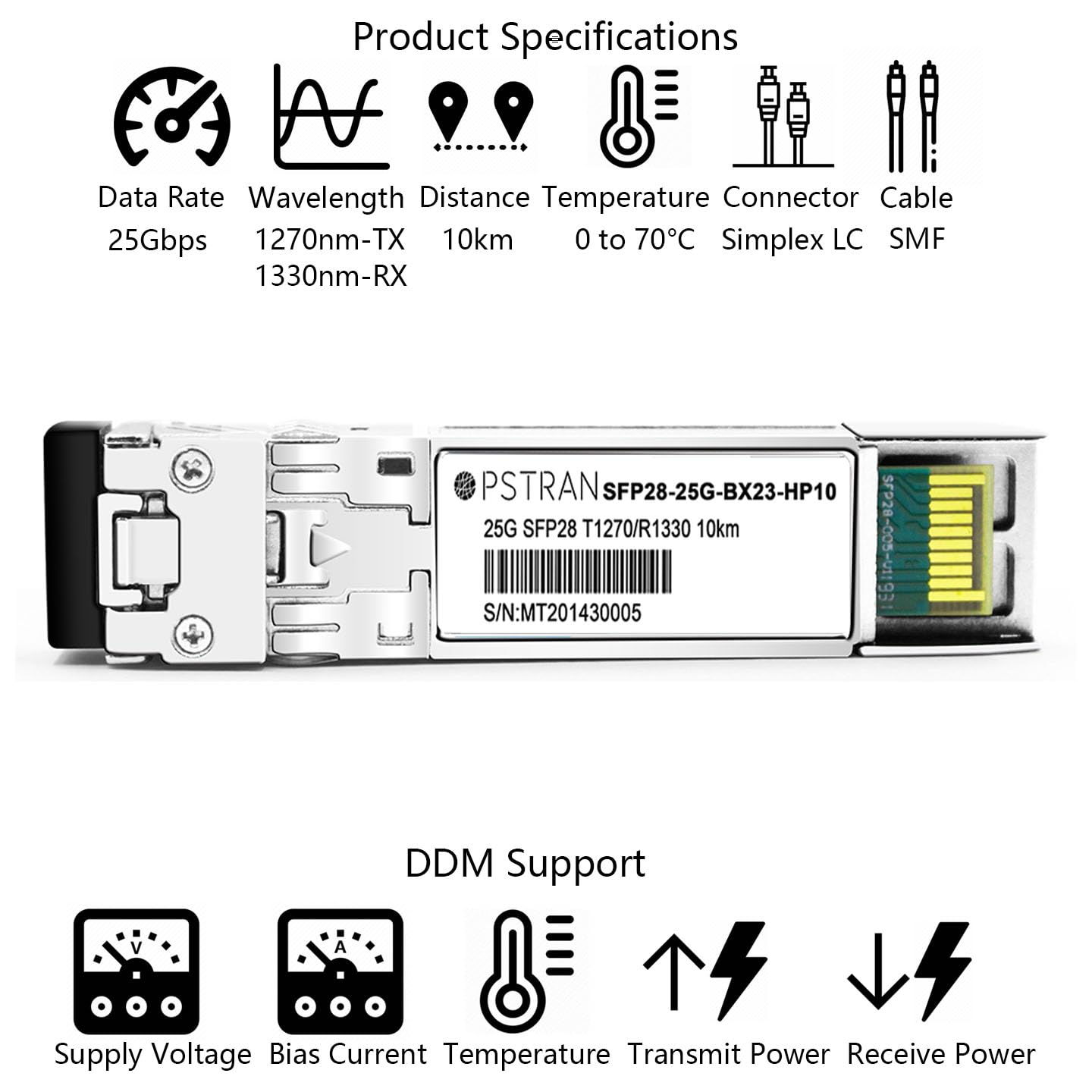 OPSTRAN 25GBASE-BX10 BiDi SFP28 Optical Transceiver Module Compatible with HPE Aruba SFP28-25G-BX 1270nm-TX/1330nm-RX 10km DOM Simplex LC SMF 3