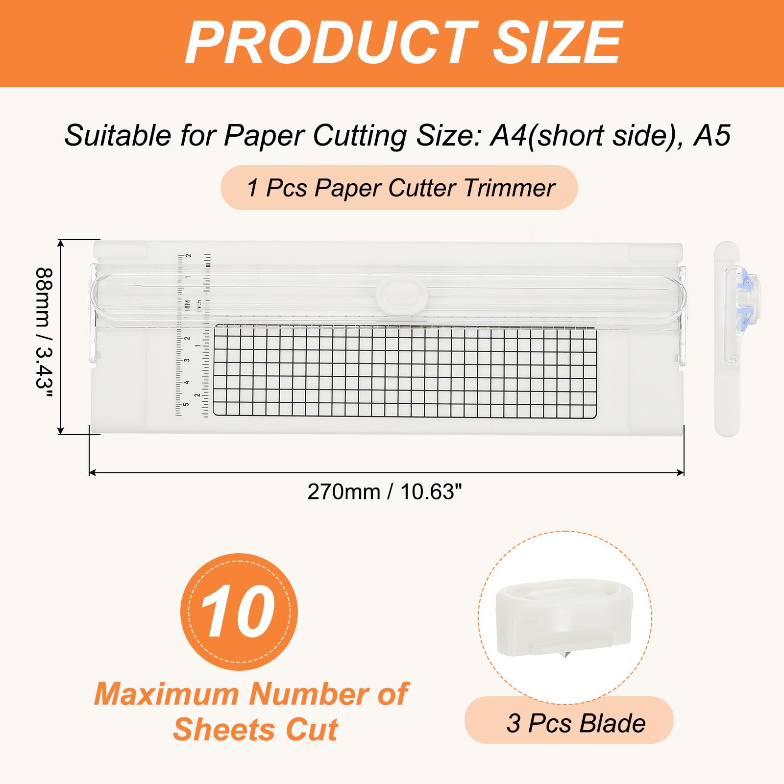 PATIKIL Paper Cutter Trimmer, A4 Straight Small Portable Paper Slide Paper Slicer with Safe-Guard for Craft Cardstock Label Card, Scrapbook Photo, White, with 3 Blade 3