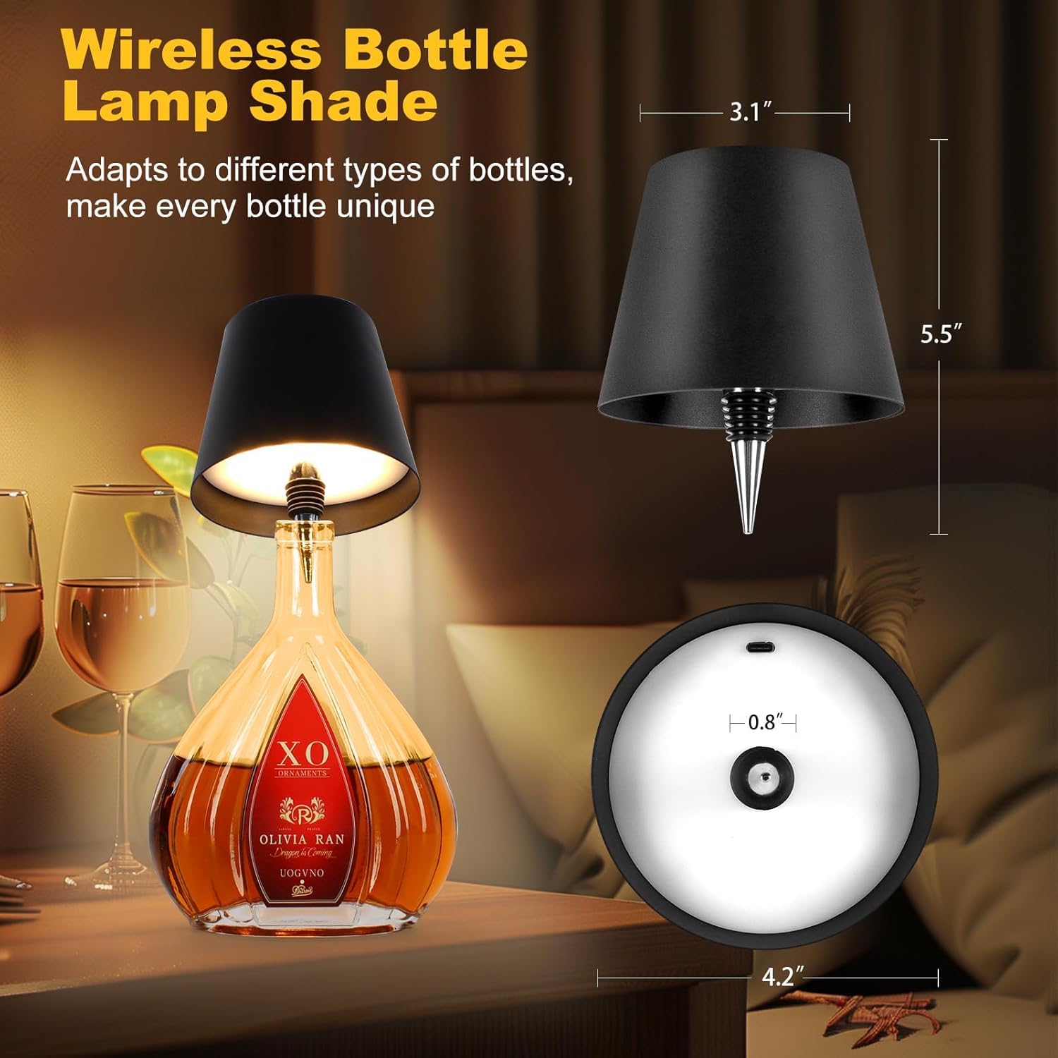 XERGY Wireless LED Bottle Lamp – USB-C Rechargeable, 3-Color Dimmable Touch Light for Liquor Bottles, Bedside, Home & Bar Decor (Bottle Not Included) 3