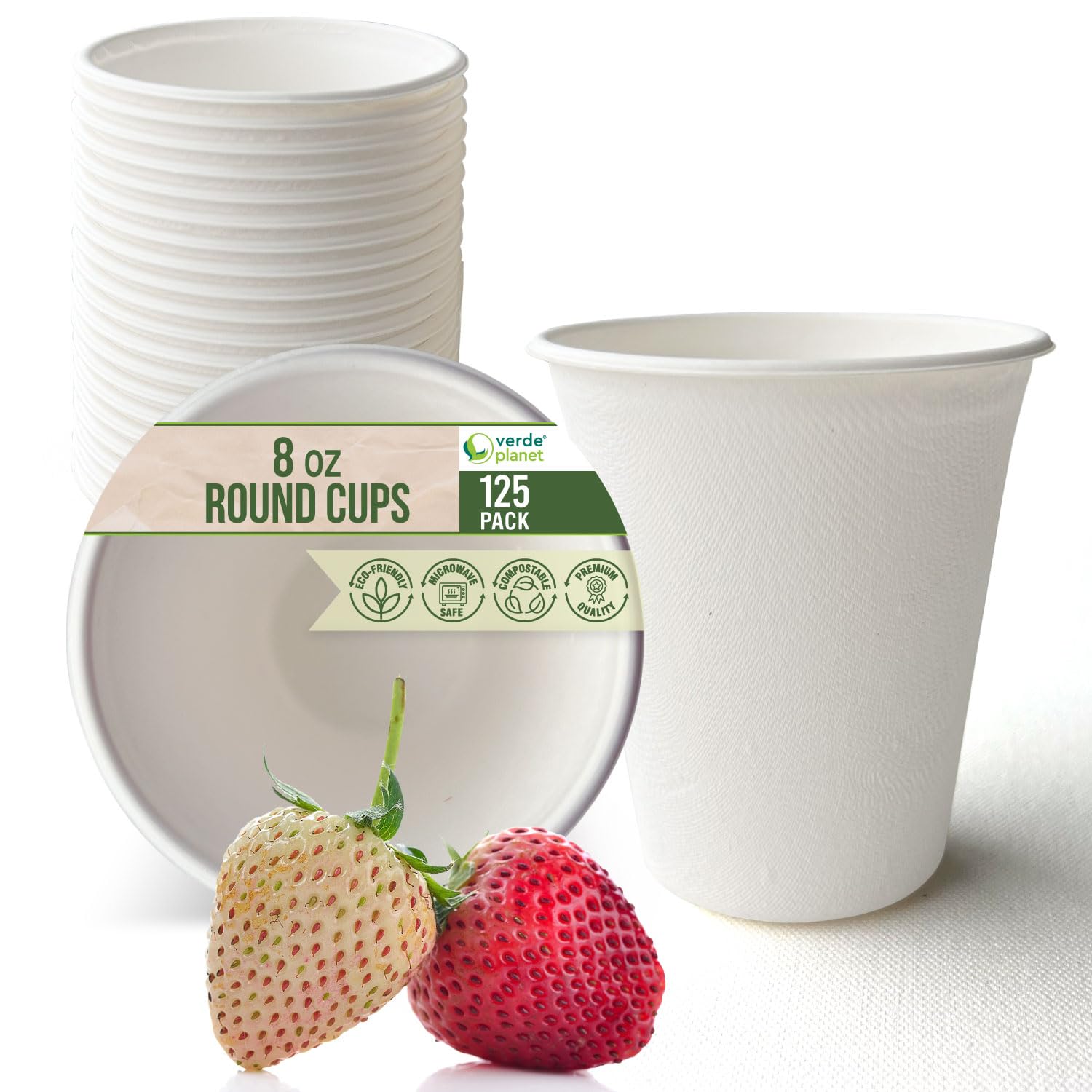 Verde Planet - 8 Oz Bagasse Disposable Cups - Tree-Free Sugarcane Fiber Drinking Cups - Ecofriendly, Sturdy, White Small Sample Cups - Compostable Coffee Cups for Hot & Cold Liquids - White, 100 Count 1