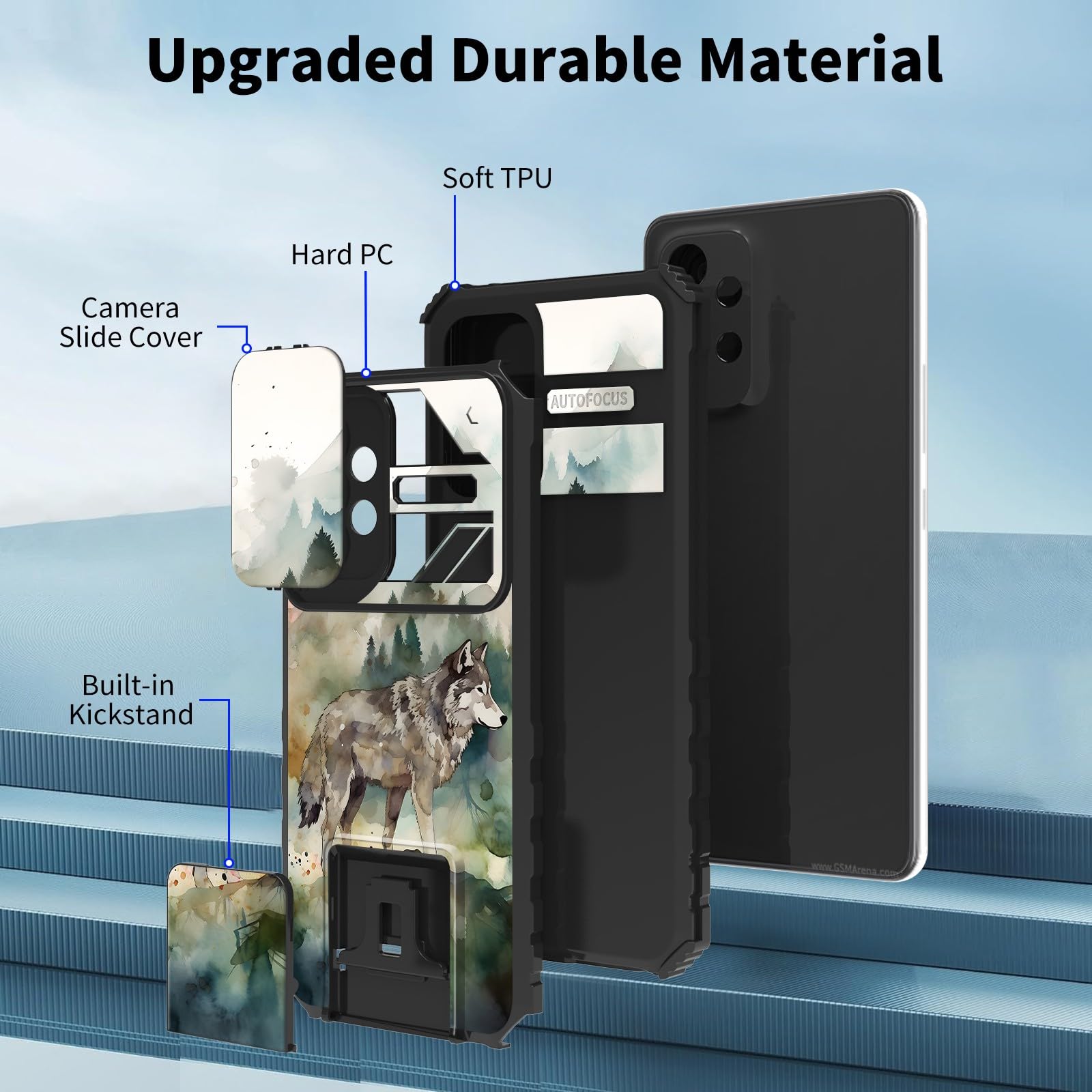 DHYYDSQZ for Samsung Galaxy A14 5G Phone Case with Sliding Camera Cover & Stand Kickstand Dual Layer Hybrid Heavy Duty Shockproof Protective Case for Samsung A14 5G 6.6" 2023, Watercolor Art Wolf 3
