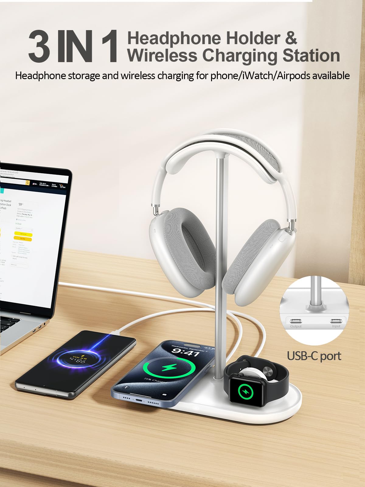 TopMade 5 in 1 Headphone Stand for Desk with Wireless Charger & USB Charging for iPhone/AirPods/iWatch, Universal Desktop Gaming Headset Holder for Airpods Max, Bose, Beats, Razer and More, White 3
