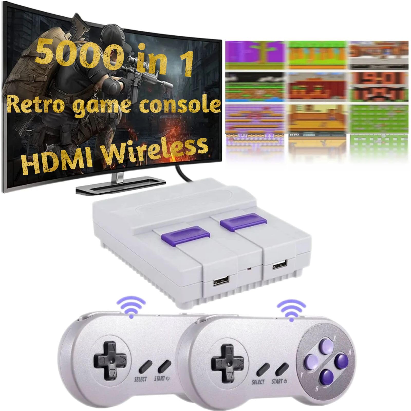 Super Retro Game Console, Classic Mini Handheld Game System Built-in 5500 Video Games and Dual Wireless Game Controller, HDMI Output Plug & Play TF Expansion (Grey) 1