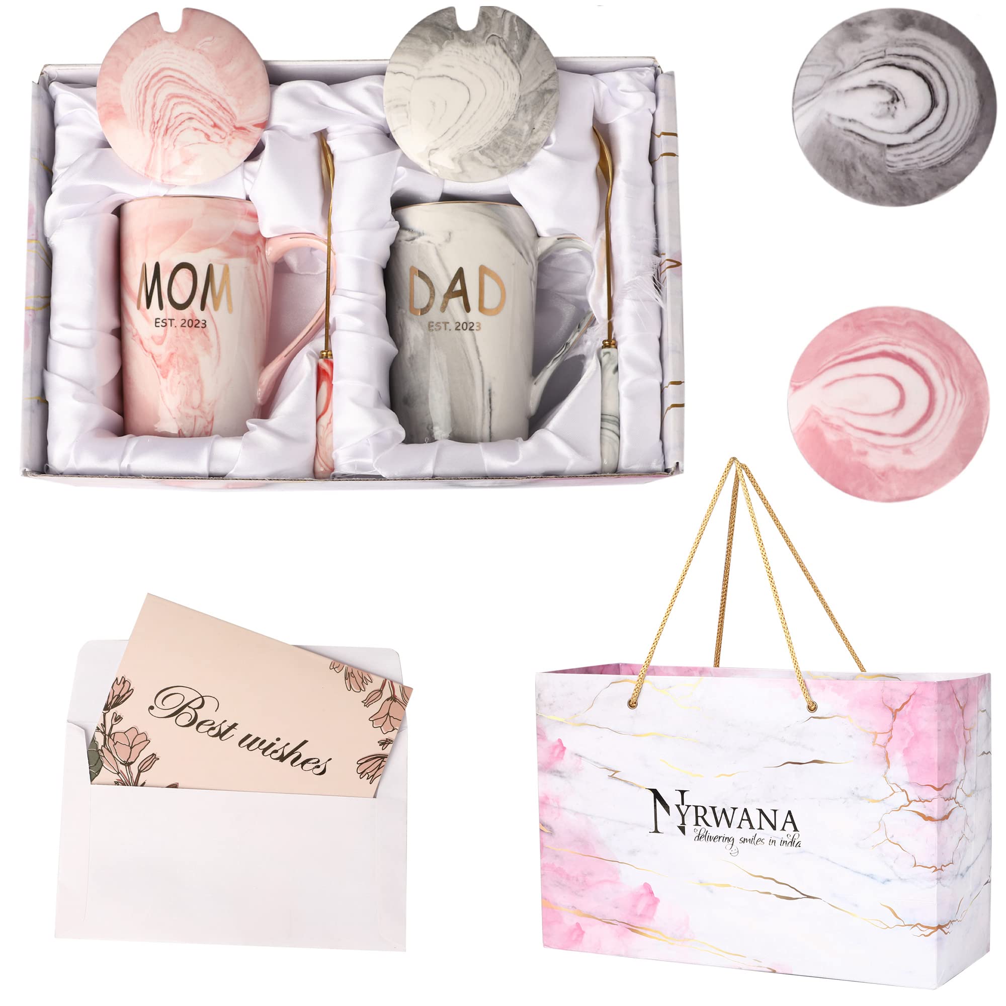 NYRWANA DELIVERING SMILES IN INIDA Dad & Mom Est 2023 Ceramic Mug Gift For Mom Dad, Gift For Couple Baby Shower Occasion, Couples Mugs Set With Gift Box & Free Coasters (Grey, Pink), 400 milliliter 1