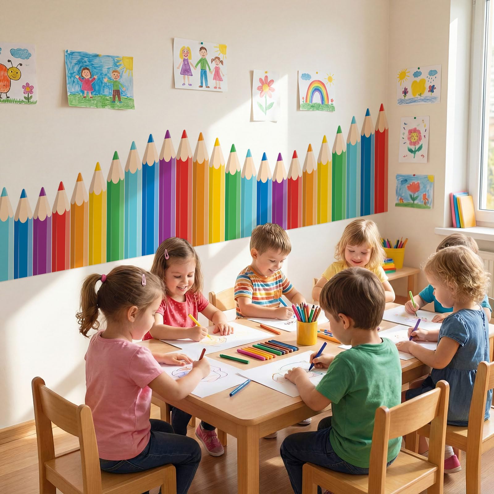 Gilprop 9.8 ft Colorful Crayon Classroom Wall Decor Fabric Back to School Classroom Wall Decoration Backdrop with Adhesive Dots Cuttable Crayon Bulletin Board Decoration for Preschool Graduation 4