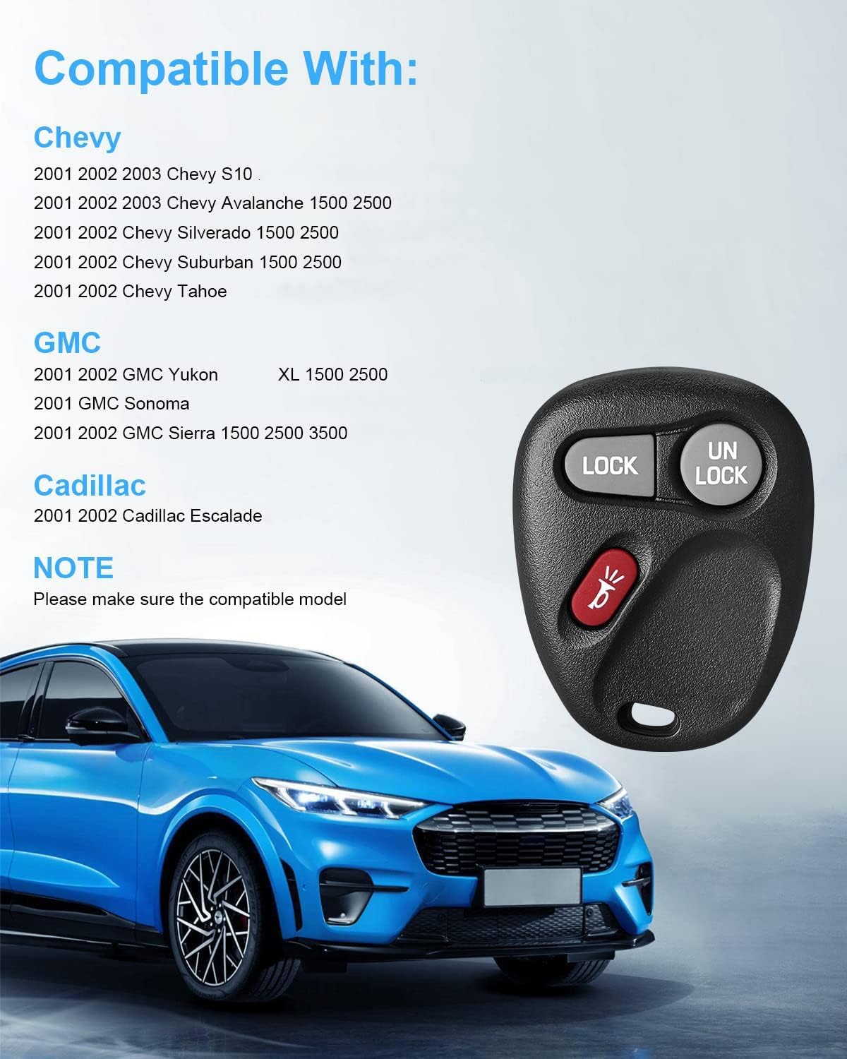 Keyless Entry Remote Control Car Key Fob Replacement for Chevy S10 Silverado Suburban Avalanche Tahoe, GMC Yukon Sonoma Sierra, Cadillac Escalade, 3 Button KOBLEAR1XT (2 Pack) 5