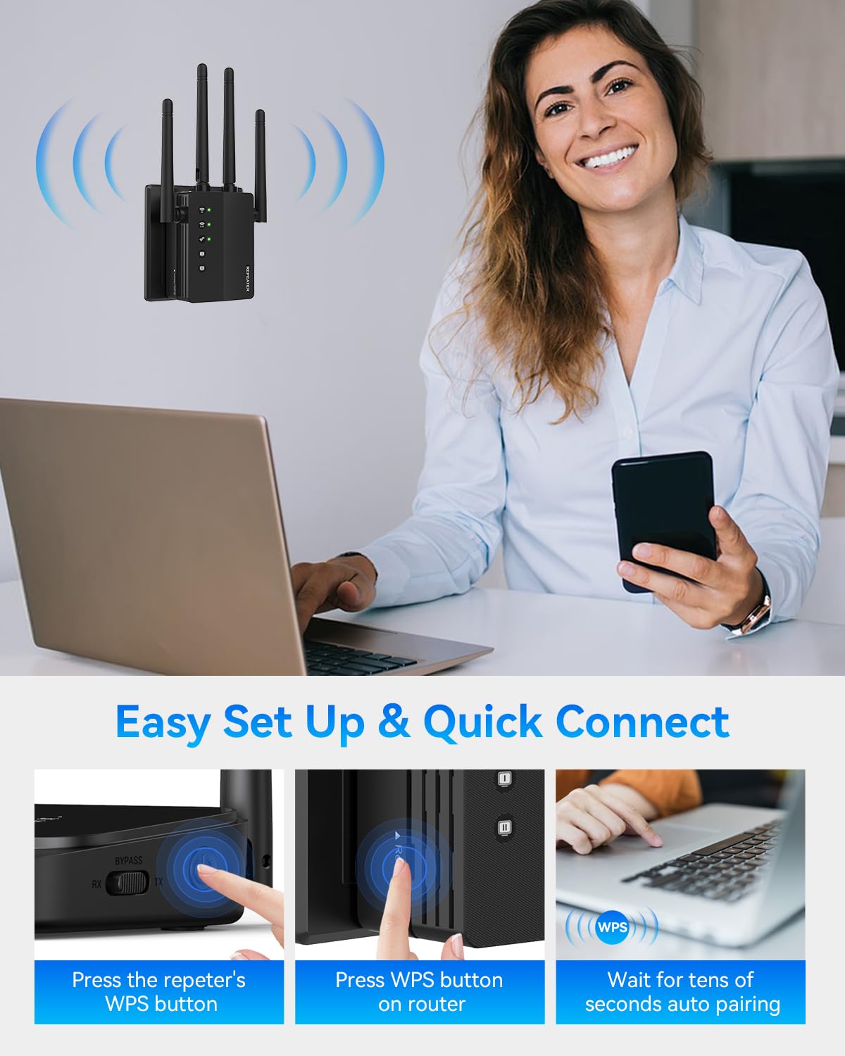1200Mbps Dual Band 5GHz/2.4GHz WiFi Extender, WiFi Extender Signal Booster, 12880 Sq.Ft Coverage, 105-Device Support, Setup for Home & Outdoor Use 5