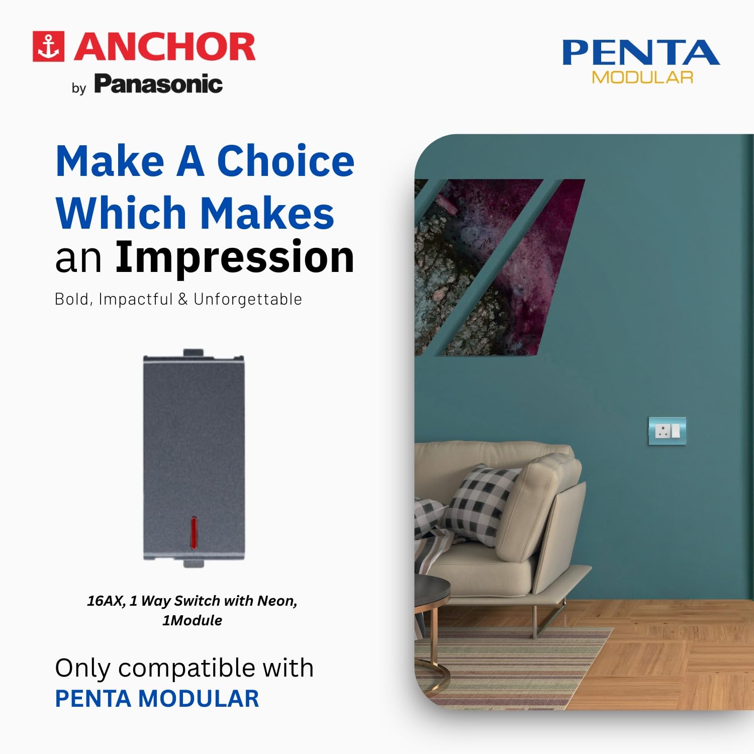 Anchor by Panasonic Penta Modular 16AX 1 Way Switch with Neon Indicator, 1 Module 1 Way Switch (Black, 65077B) 4