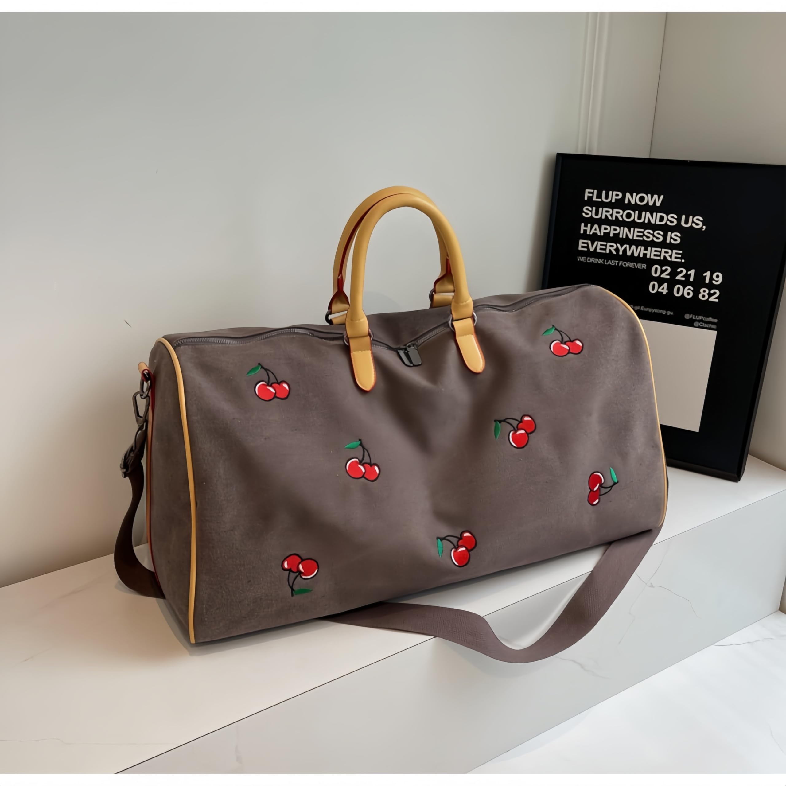 Cherry Print Travel Organizer Bag – Large Capacity Stylish Luggage Tote, Essential for Home and Travel, Fits on Trolley Handles (Coffee Color) 4