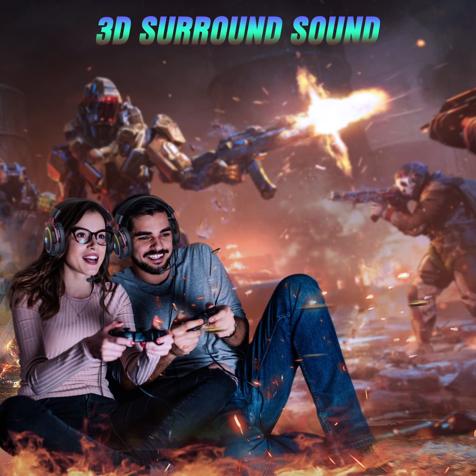 Ajsaki PS5 Gaming Headset with Microphone, PC Headset with Detachable Mic, Noise Cancelling Over-Ear Gaming Headphones with RGB LED Light, 7.1 Surround Sound for Nintendo Xbox One PS4 PS5 (Red) 5